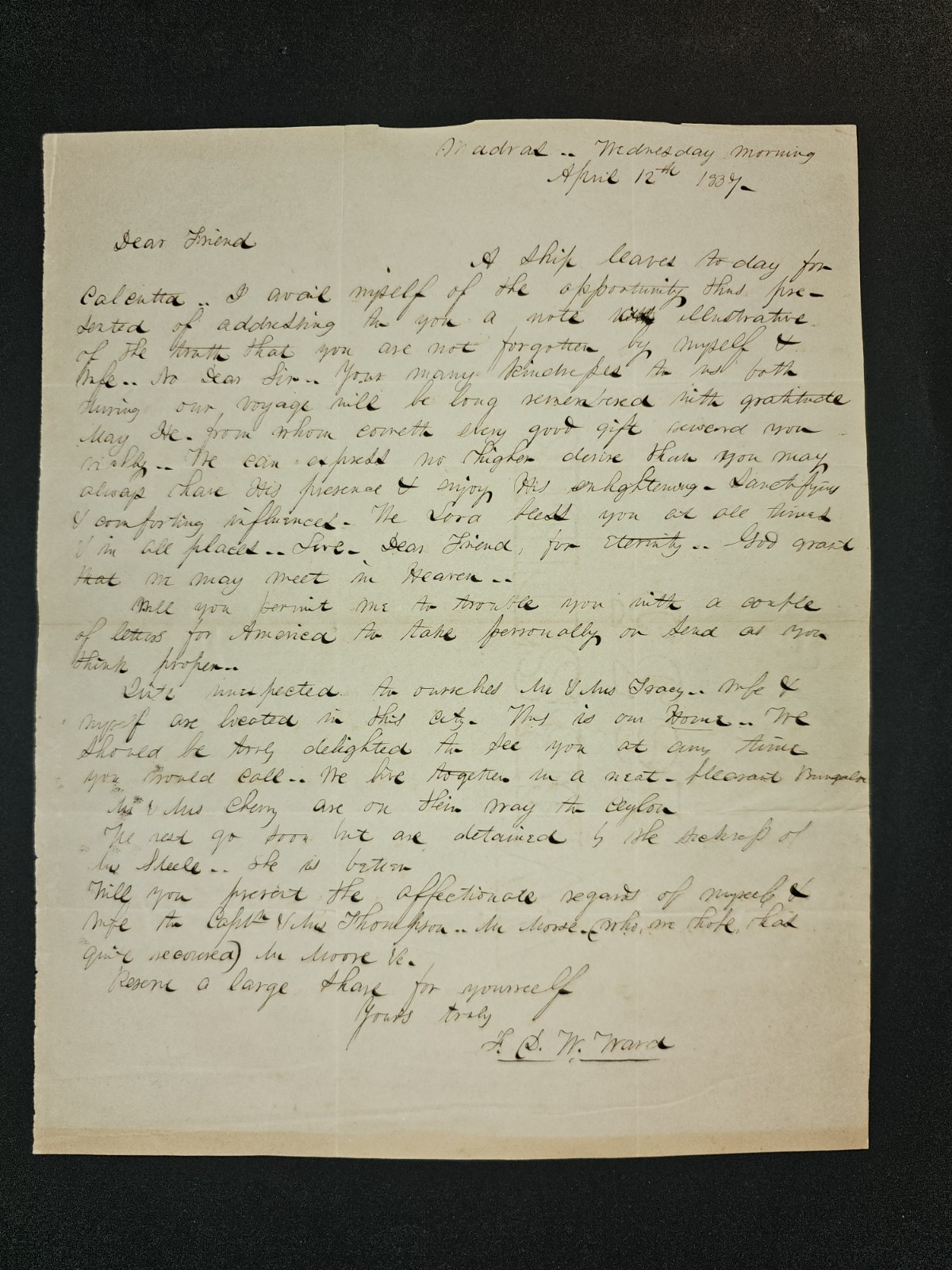 1837 Madras India ALS Missionary Letter F.C.W. Ward – Wray, Thompson, Moore,plus