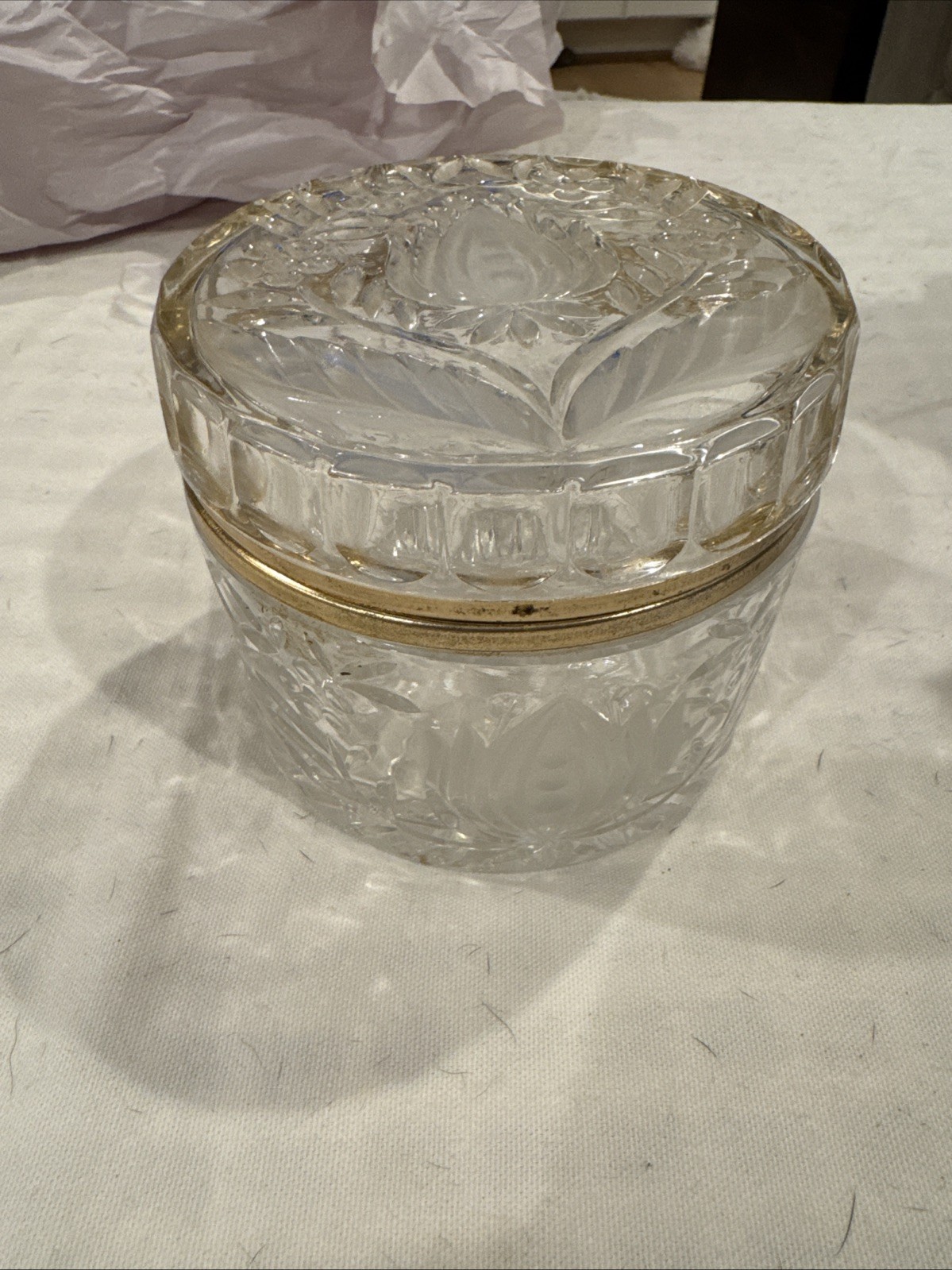 VTG French Clear Crystal Floral Cut Design Round Casket Brass Hinged Jewelry Box VTG French Clear Crystal Floral Cut Design Round Casket Brass Hinged Jewelry Box