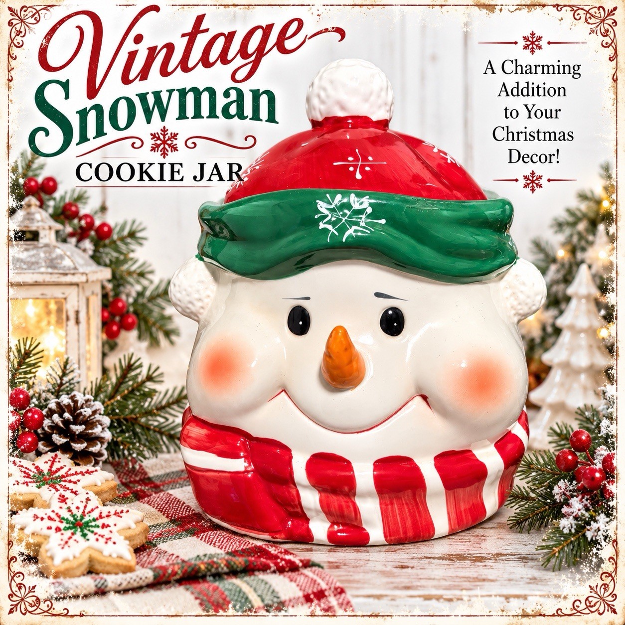 Vintage Snowman Christmas Ceramic Cookie Jar Red Green Hat Holiday Décor ☃️ Vintage Snowman Christmas Ceramic Cookie Jar Red Green Hat Holiday Décor ☃️
