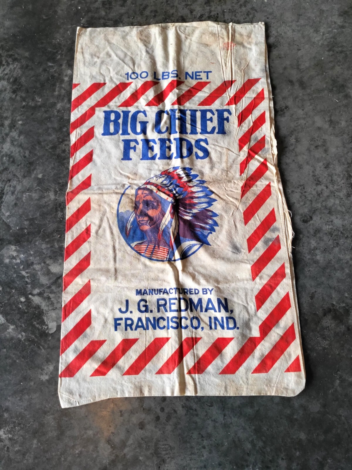 VTG. FEED SACK SHOWING NATIVE AMERICAN CHIEF HEAD-J.D. REDMAN FRANCISCO, IND. VTG. FEED SACK SHOWING NATIVE AMERICAN CHIEF HEAD-J.D. REDMAN FRANCISCO, IND.