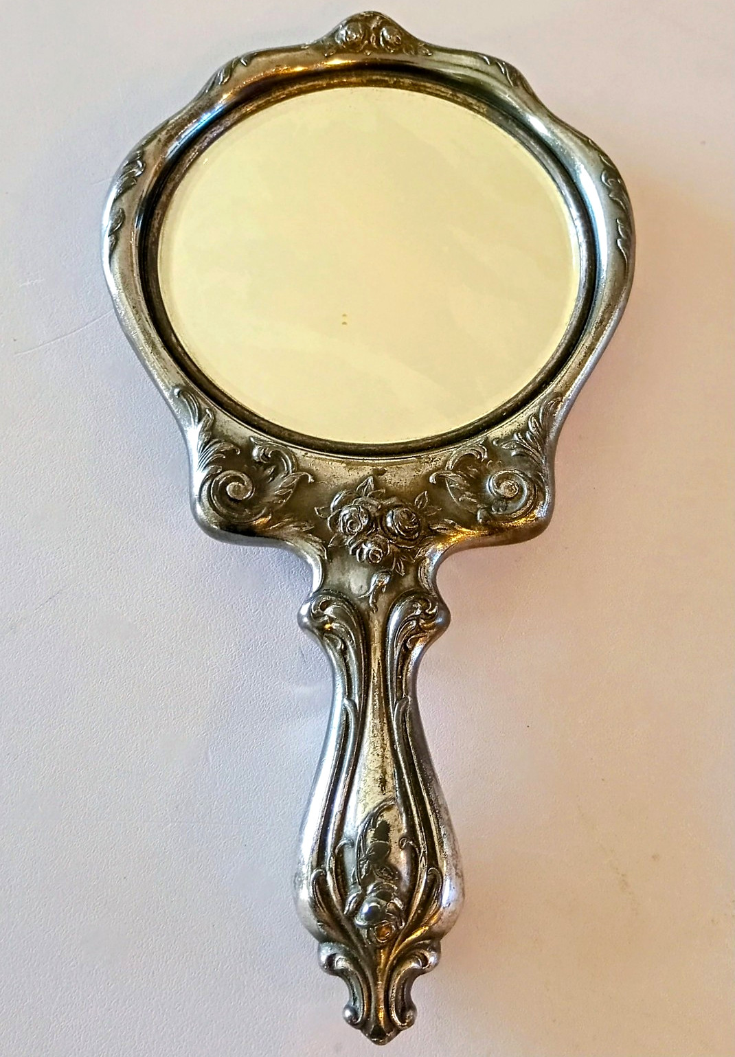 Antique Art Nouveau Silver Plated Hand Mirror Lady Roses Relief Please Read Antique Art Nouveau Silver Plated Hand Mirror Lady Roses Relief Please Read