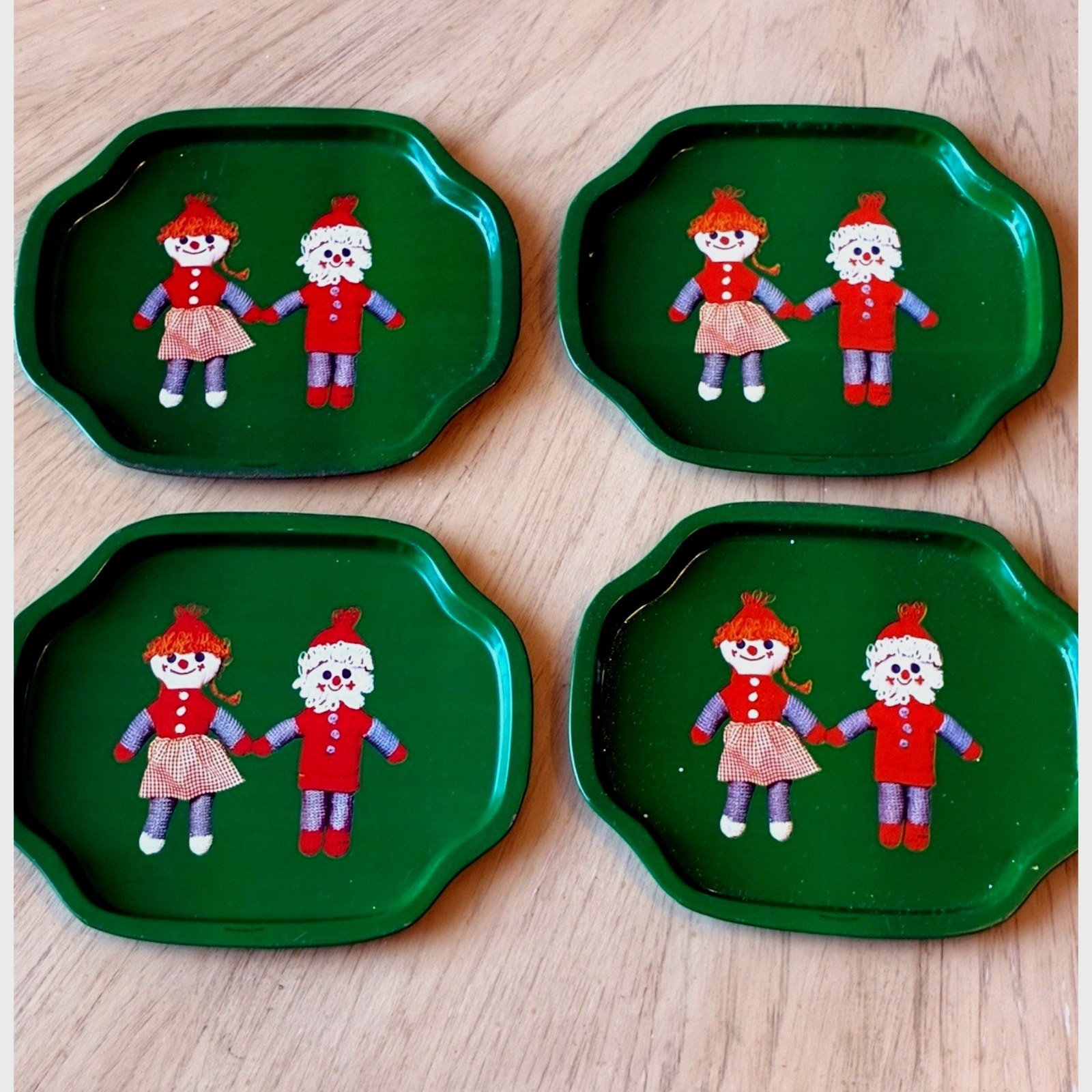 4 VTG Tin Christmas Dolls Elves Holiday Tray Boy Girl Season Greetings Hong Kong