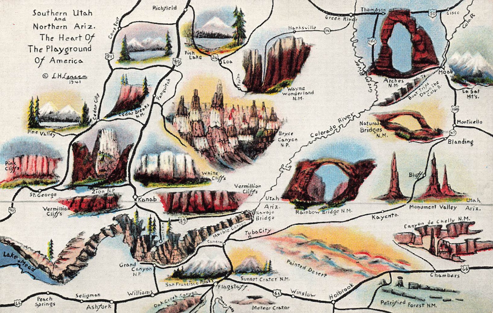 *Linen Postcard~Southern Utah & Northern AZ Map of Sights & Hwys, by Dude Larson