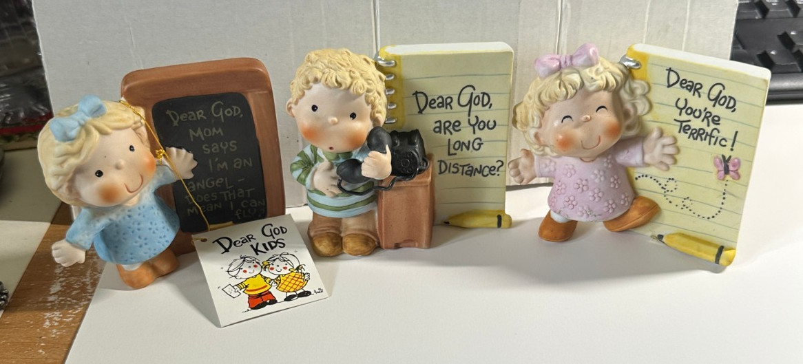 3 Vintage 1982 Enesco Dear God Kids Porcelain Bisque Figurines, Telephone, Mom 3 Vintage 1982 Enesco Dear God Kids Porcelain Bisque Figurines, Telephone, Mom