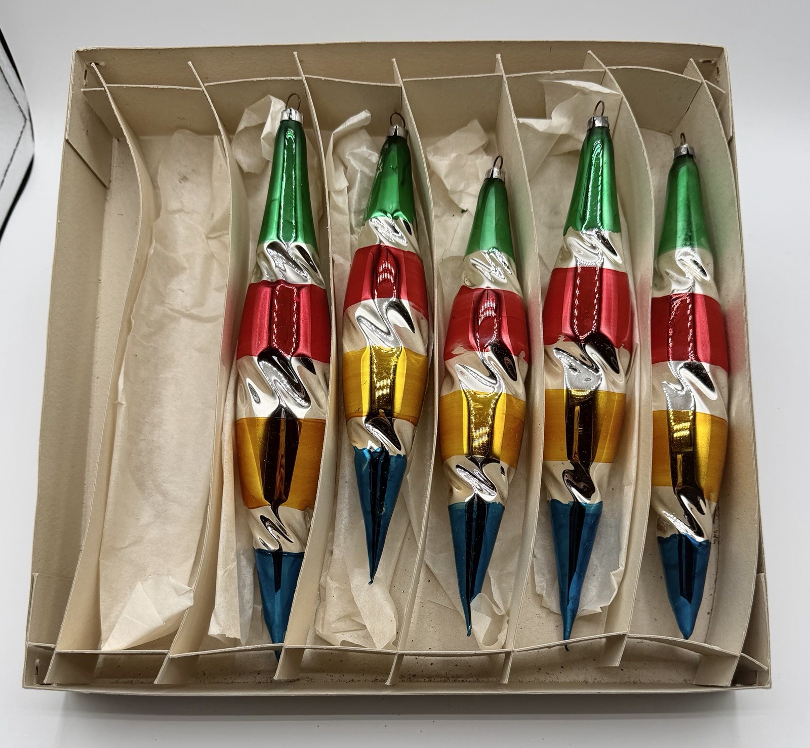 Vtg West German Jumbo Glass Icicle Drop Christmas Ornaments Multicolor Set of 5