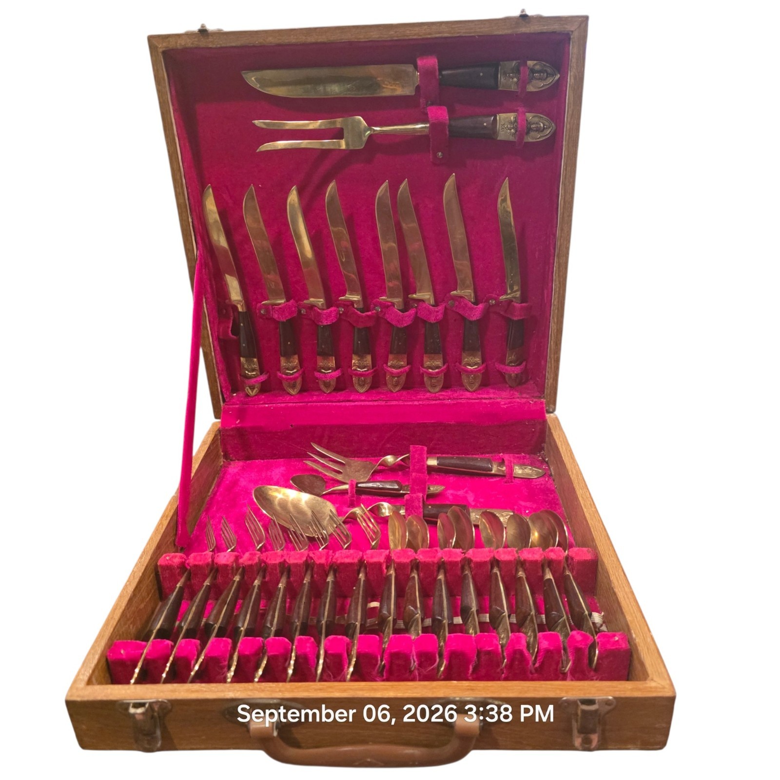 Vintage SIAM Thailand Brass Flatware 29 Pc Service for 8 Wood Handles w Case