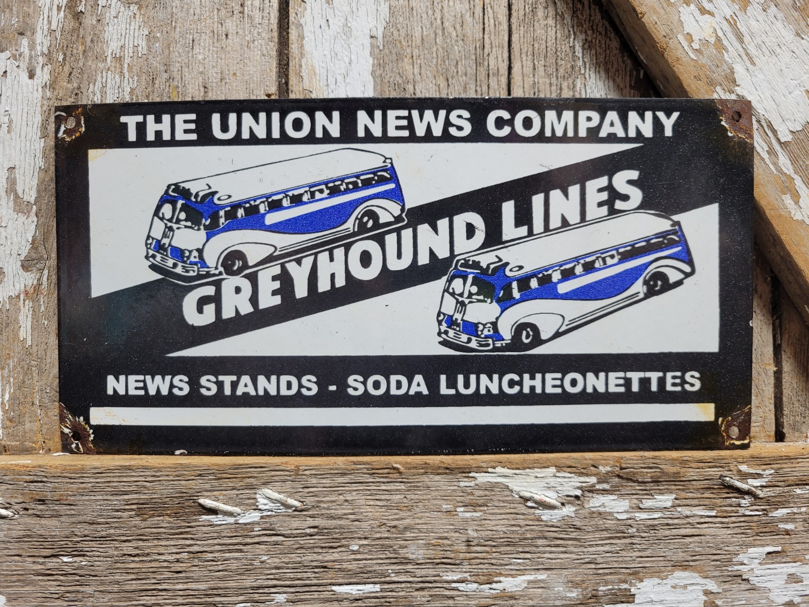 VINTAGE GREYHOUND BUS PORCELAIN SIGN UNION NEWS STAND SODA RESTAURANT TRANSIT