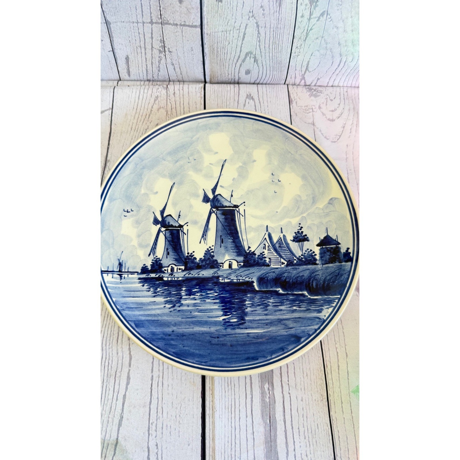 Vintage Delft Blue Handpainted Windmill Wall Plate Holland Pottery 8.5 Inch