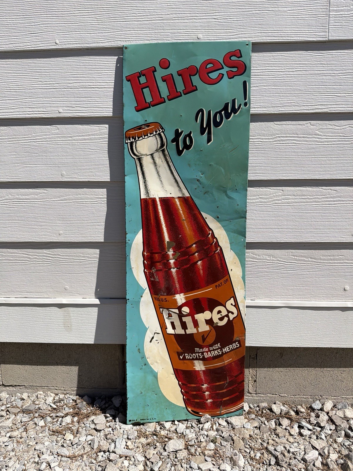 Vintage Original Hires To You Root Beer Embossed Tin Metal Sign Antique Old Soda