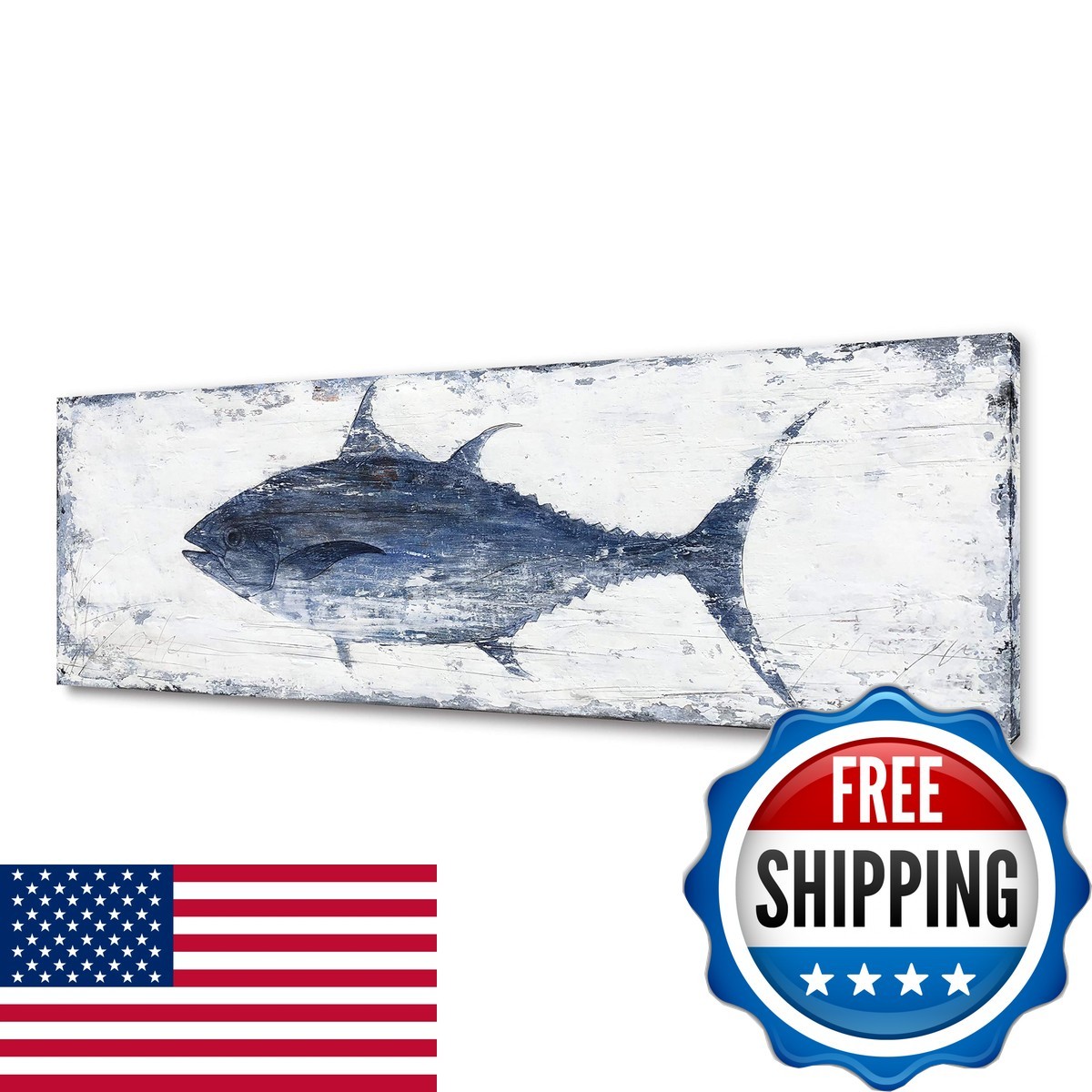 Yihui Arts Vintage Blue Tuna Coastal Wall Art - Rustic Nautical Decor
