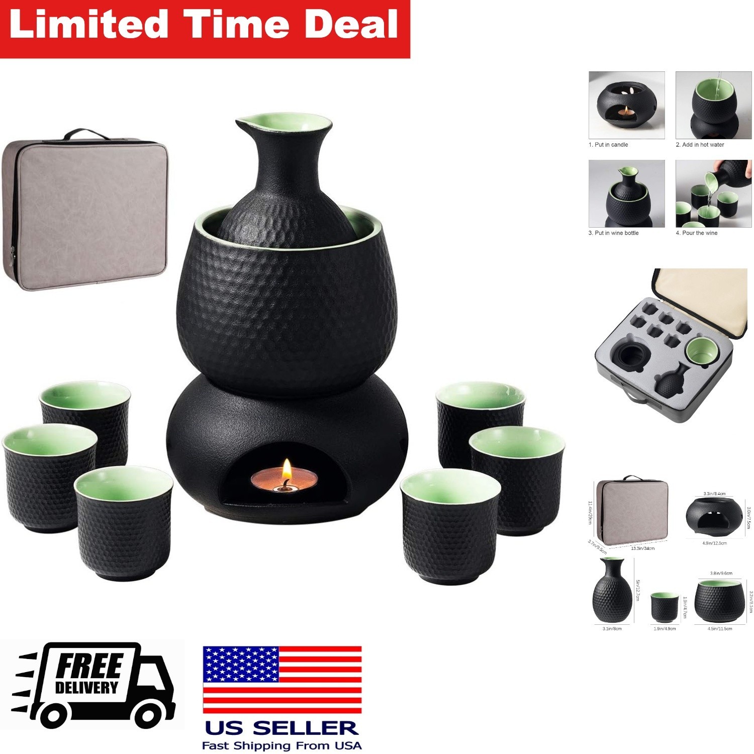 Japanese Sake Set with Warmer and 6 Sake Cups Candle Stove and Pot Gift