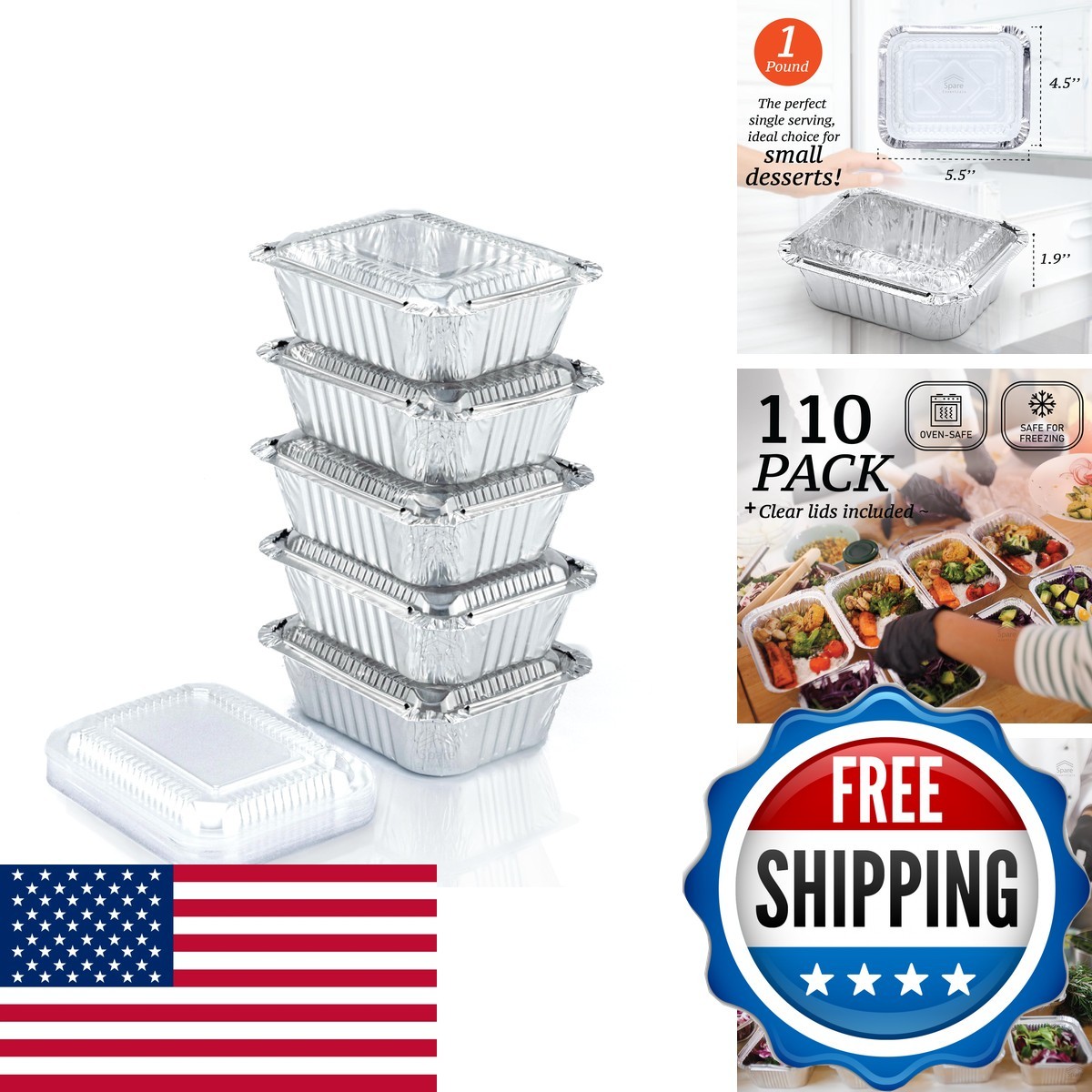 Spare Essentials 110 Pack - Small Aluminum Pans Plastic Lids - Size 5.5x4.5x1.9