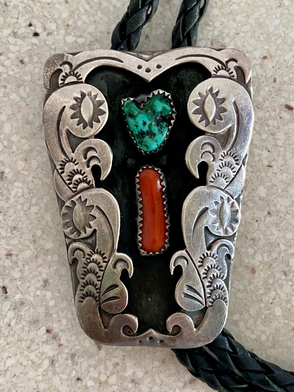 Vintage Navajo Sterling Silver Turquoise & Coral Bolo Tie Bennett Pat. Pend.