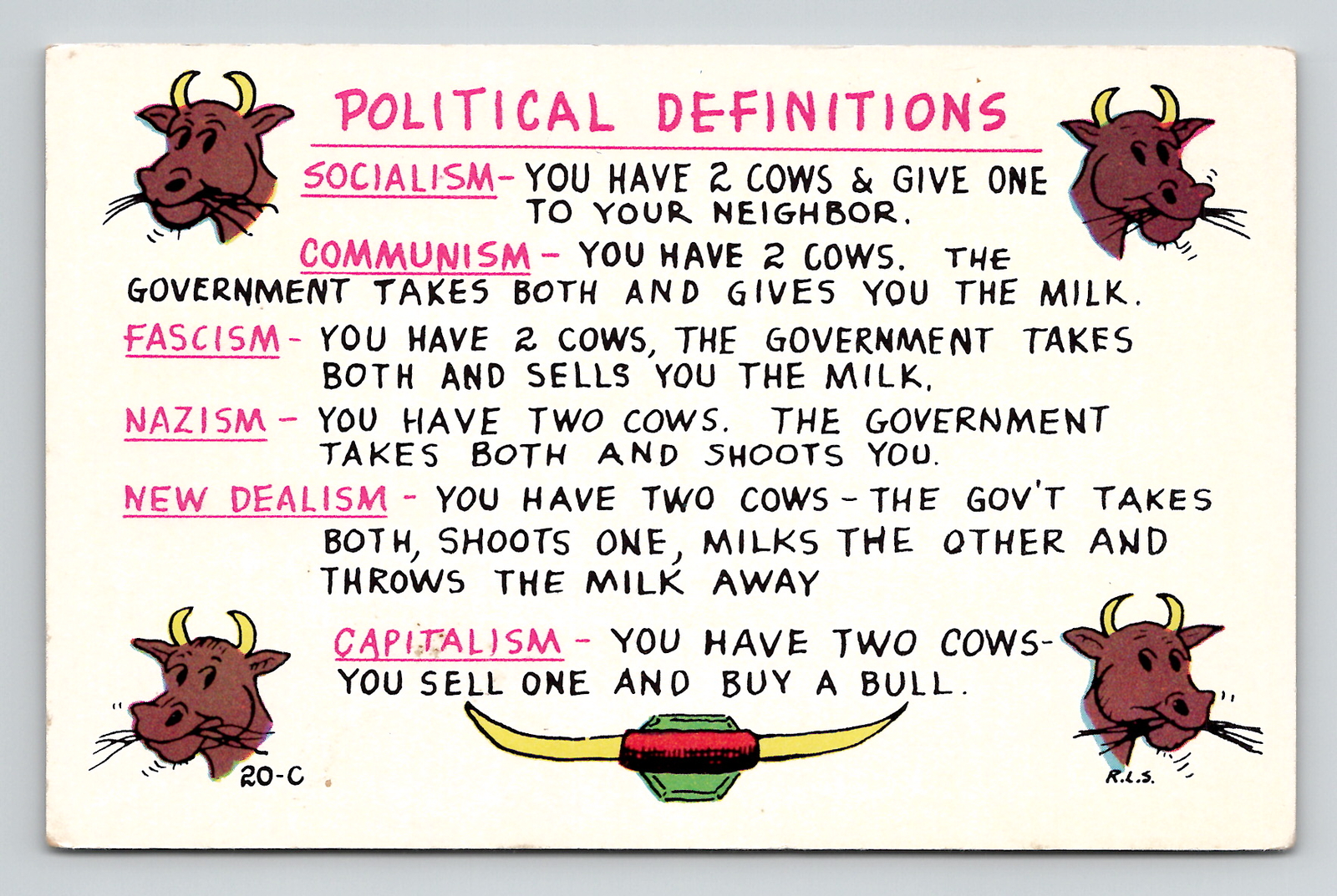 Postcard Political Humor Baxter Lane Definition Fascism New Dealism Capitalism