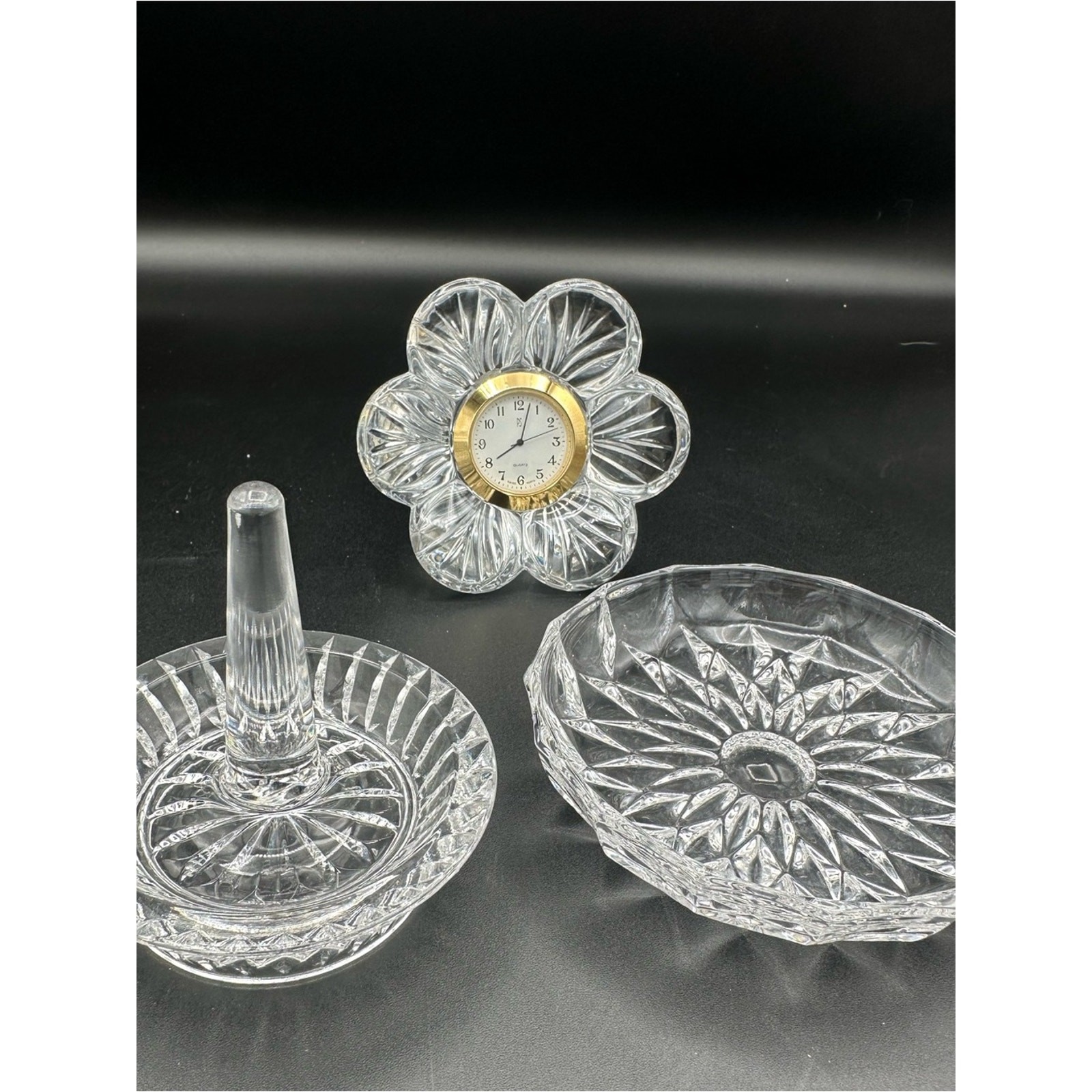 Vintage Crystal Vanity Flower Clock & Matching Waterford Ring & Jewelry holders