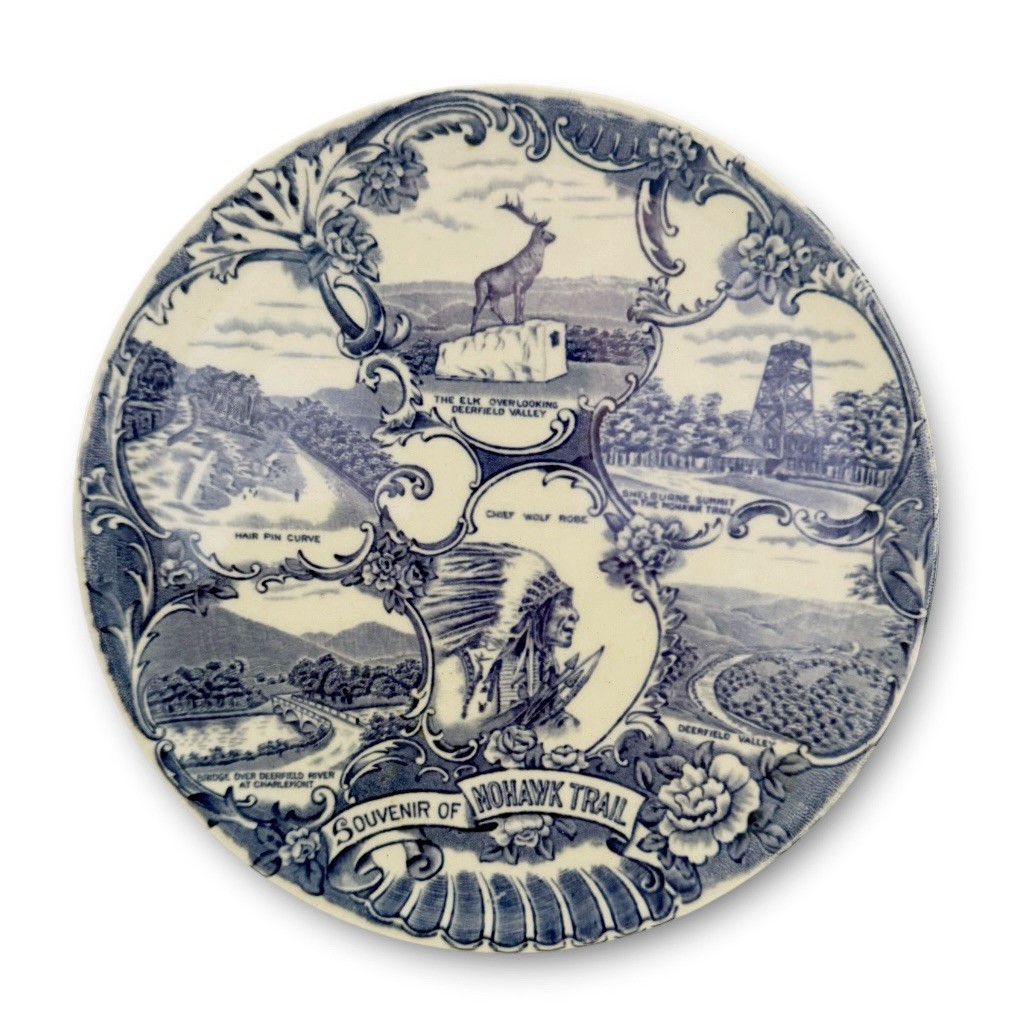 Vintage Mohawk Trail Massachusetts Blue Transferware Souvenir Decorative Plate
