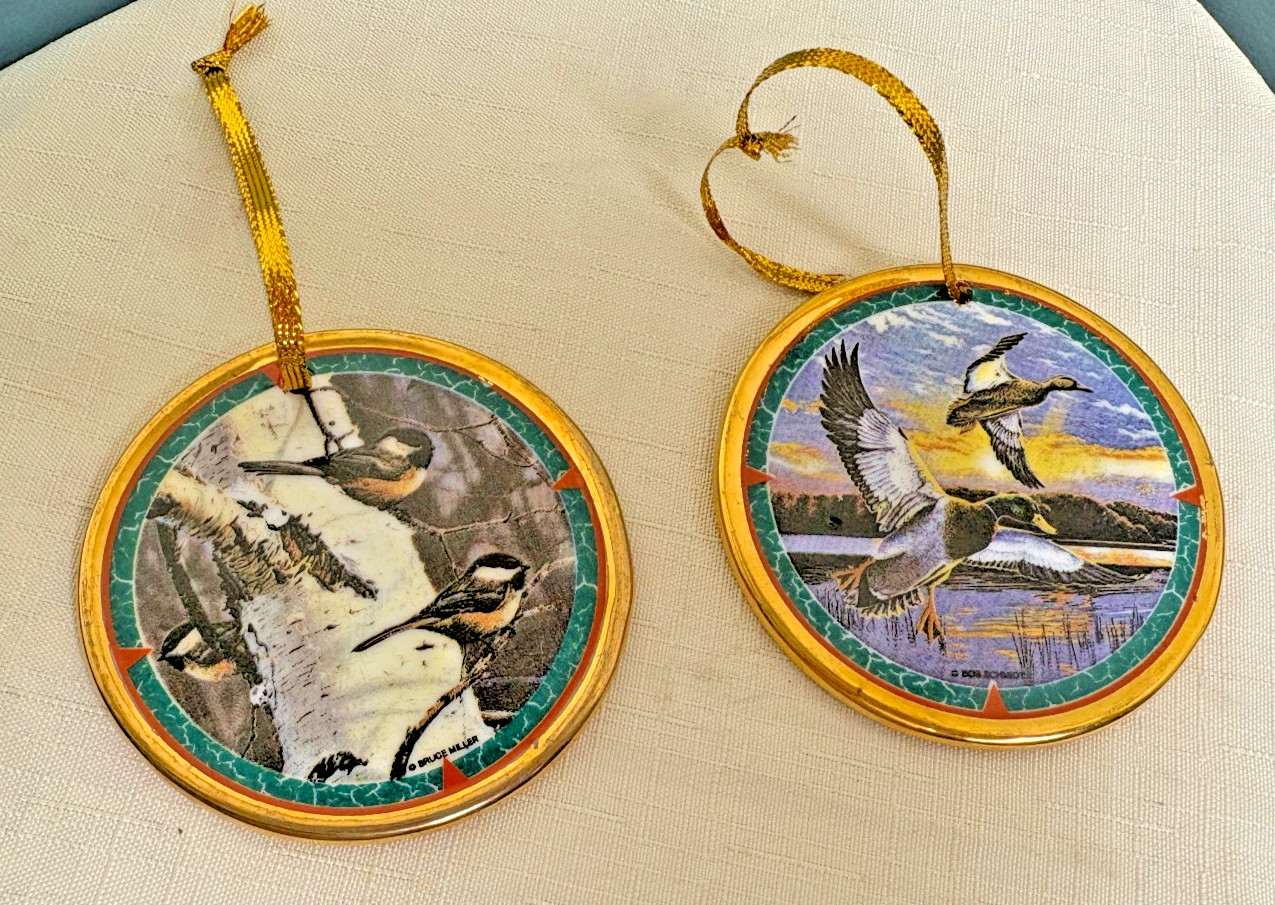 Pair Bruce Miller & Bob Schmidt Bird Porcelain Ornaments - Mallards Chickadees