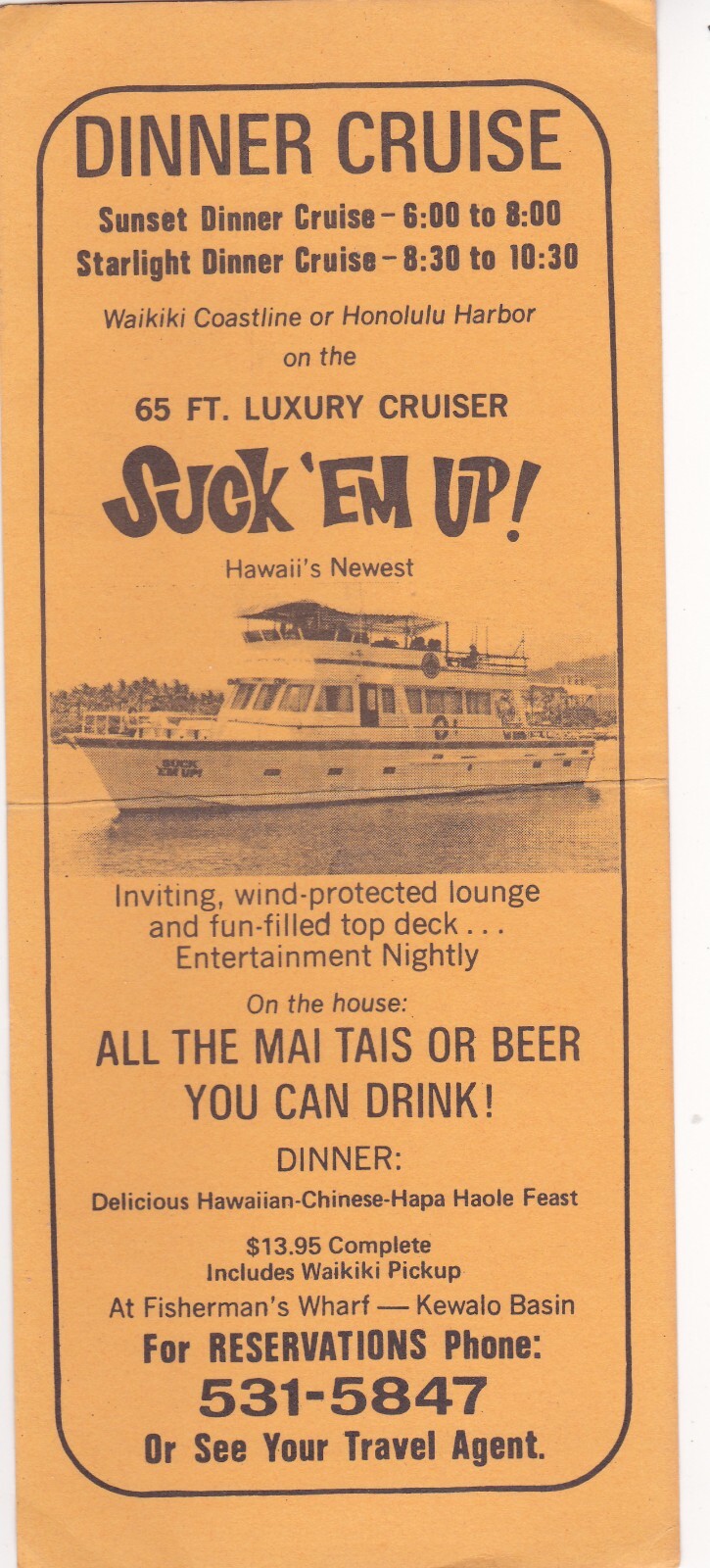 c1970 Honolulu Harbor Luxury Dinner Cruise Card Brochure