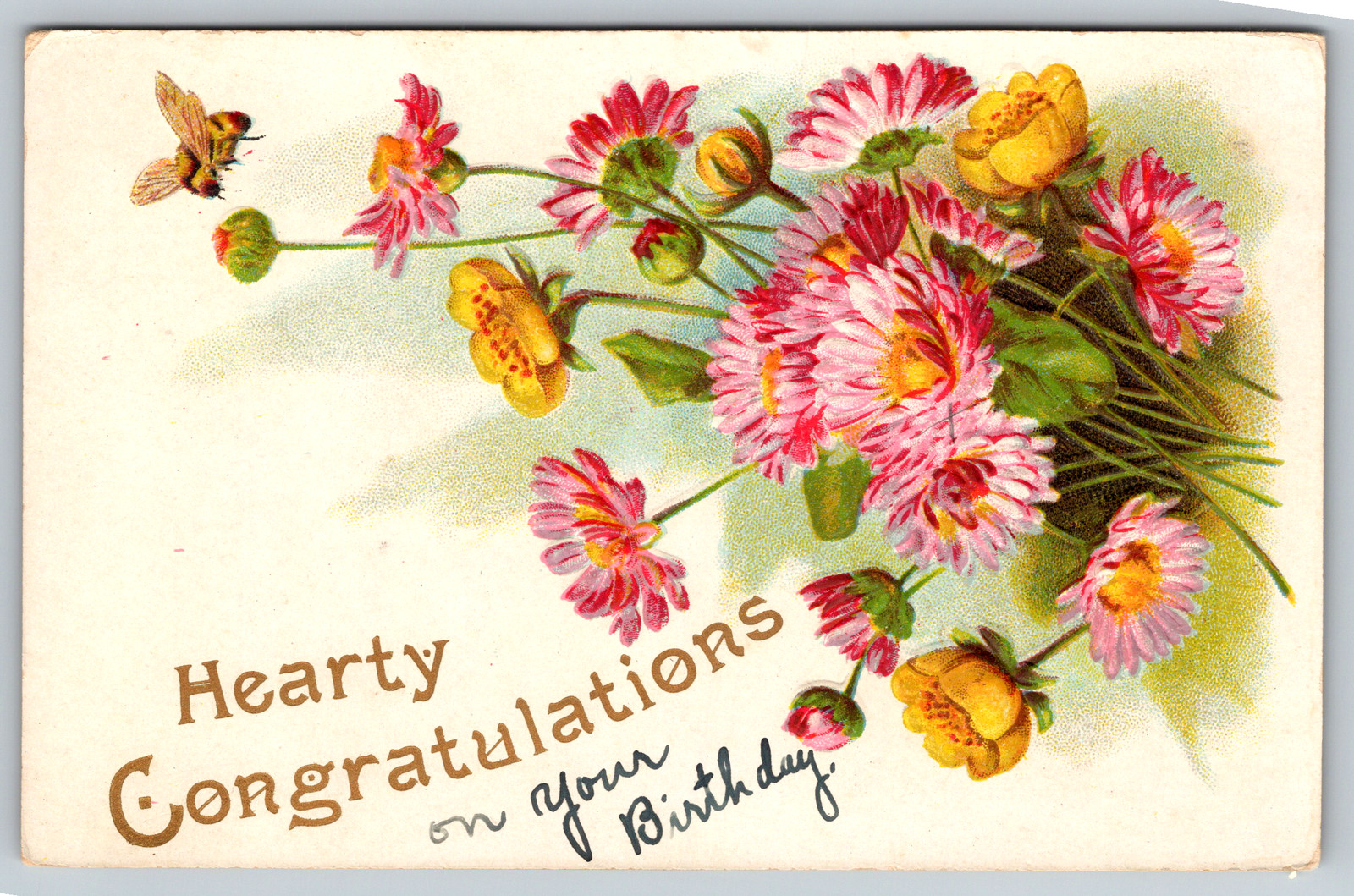 c1910s Hearty Congratulations Embossed Flowers Antique Postcard