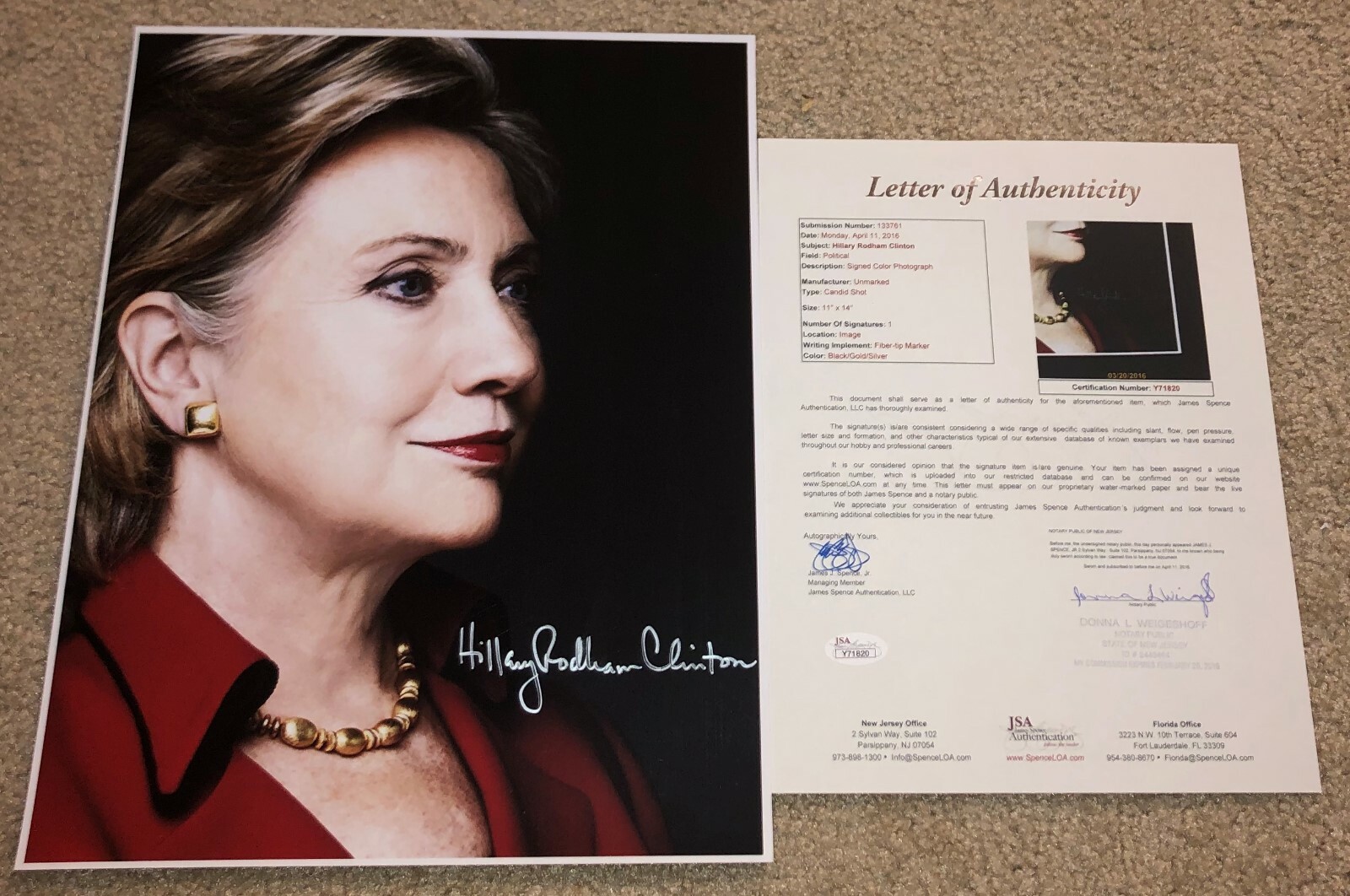 SECRETARY HILLARY RODHAM CLINTON SIGNED 11x14 PHOTO BILL CLINTON PRESIDENT JSA