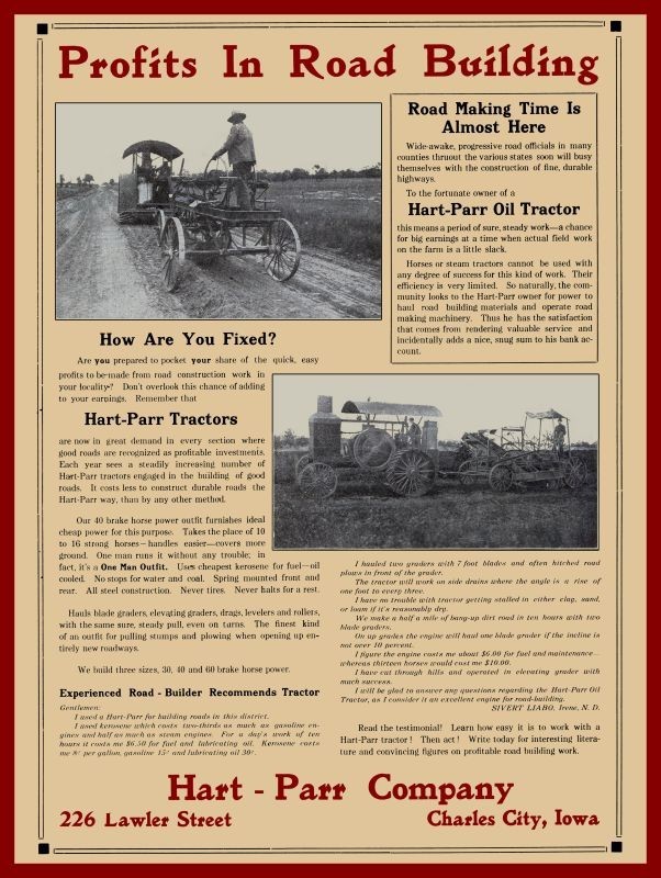 1912 Hart Parr Tractors for Road Building, Charles City NEW Metal Sign: 12x16\