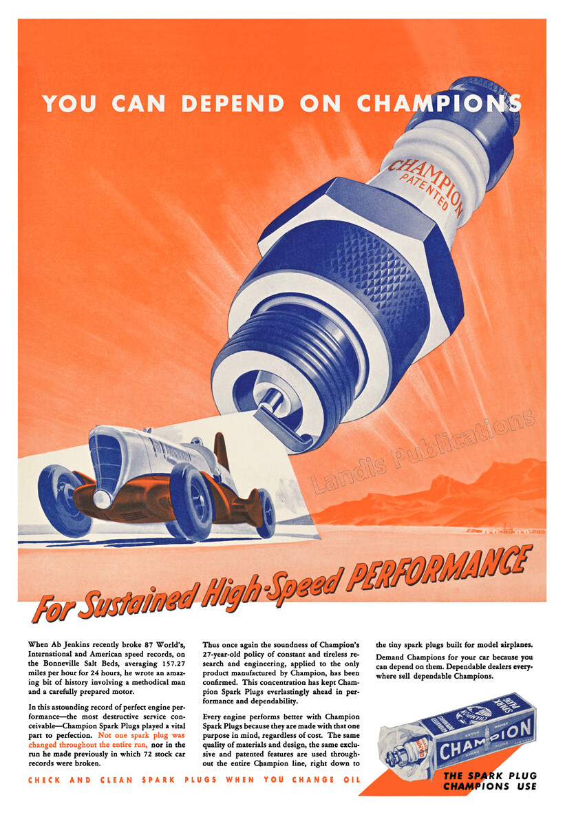 1938 Champion Spark Plug & Ab Jenkins Mormon Meteor at Bonneville Vintage Poster