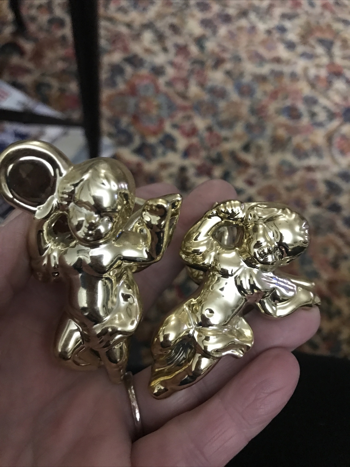 Lot of 2 Figural Christmas Cherub Angel Napkin Ring Holders Gold Tone Painted