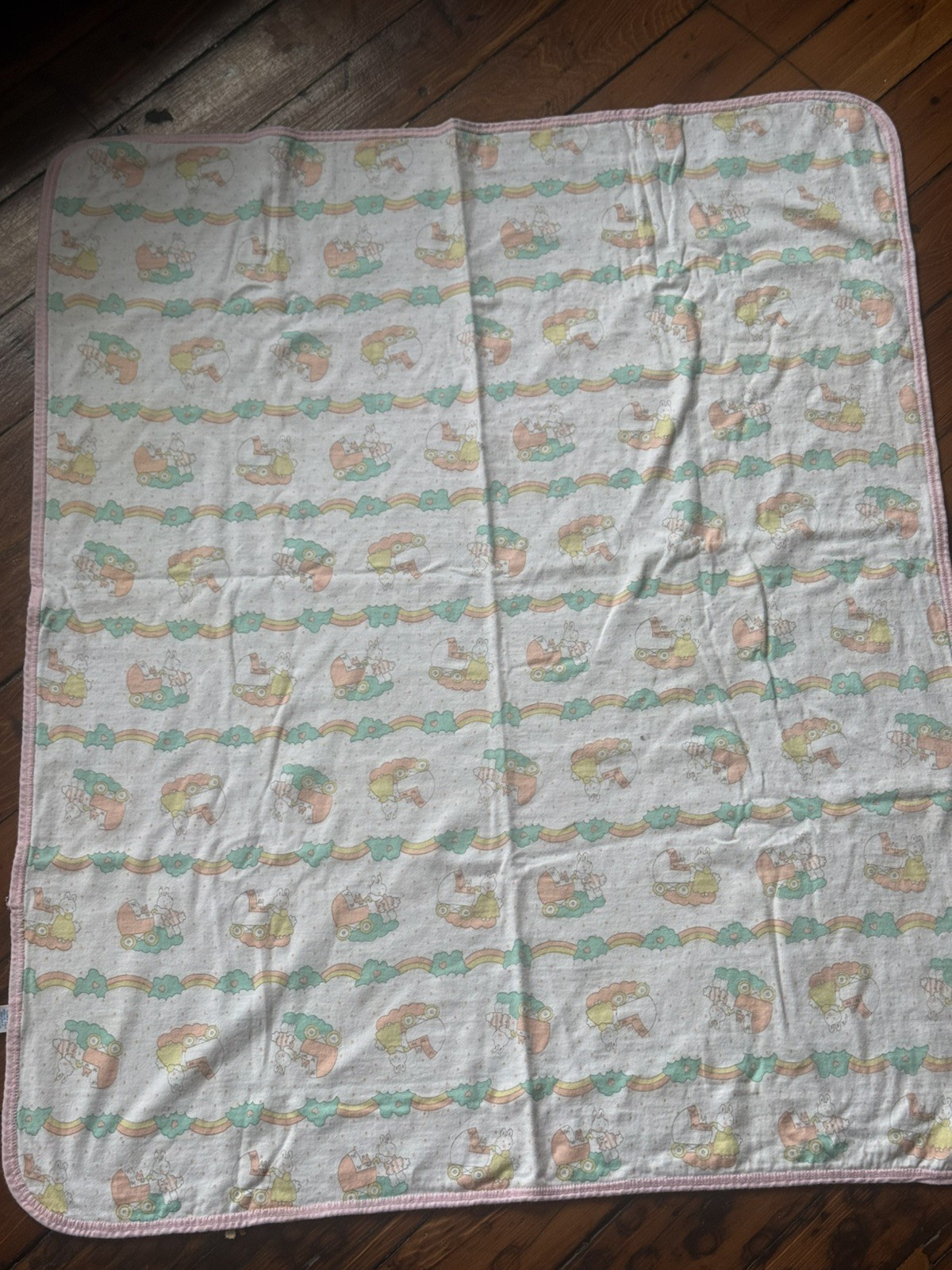 VTG Carters Baby Blanket Cotton Bunny Stroller Cloud Rainbow Pink Trim Polka Dot