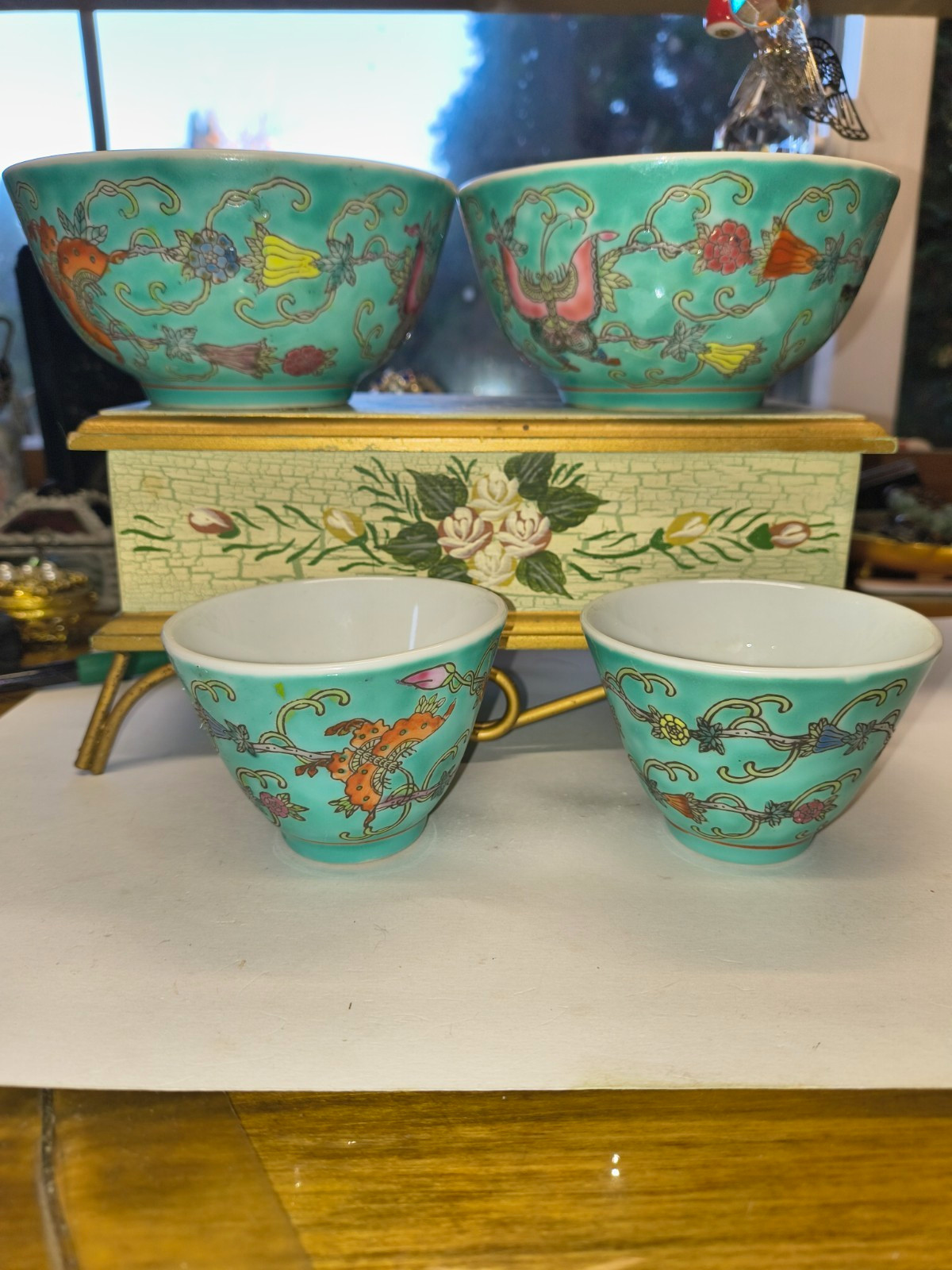 Set of 4 Chinese Turquoise Porcelain Bowls - cups Birds & Floral, Marked Set of 4 Chinese Turquoise Porcelain Bowls - cups Birds & Floral, Marked
