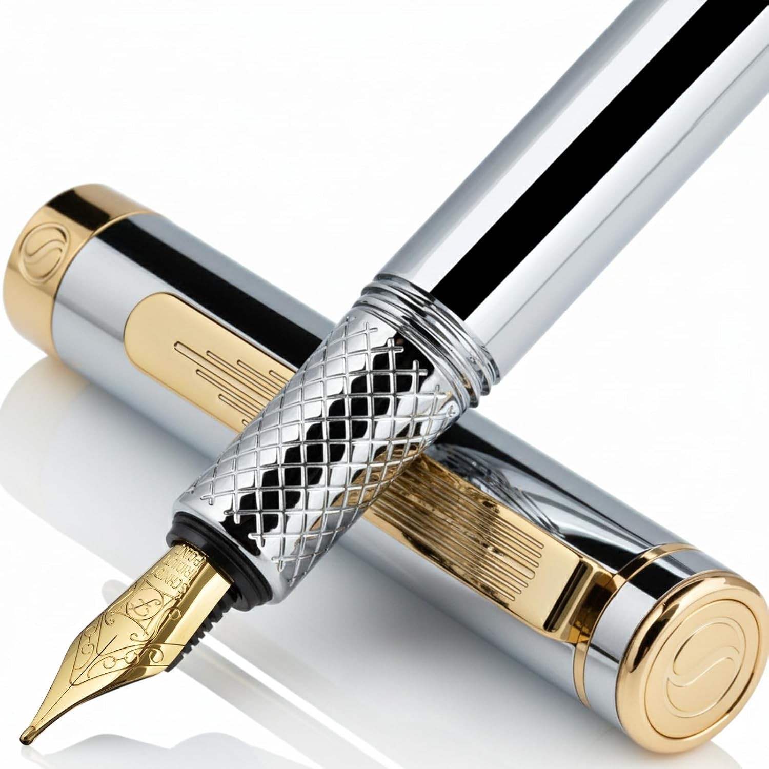 Silver Chrome Fine Nib Award Winning Heavy Pocket Fountain Pen for Writing