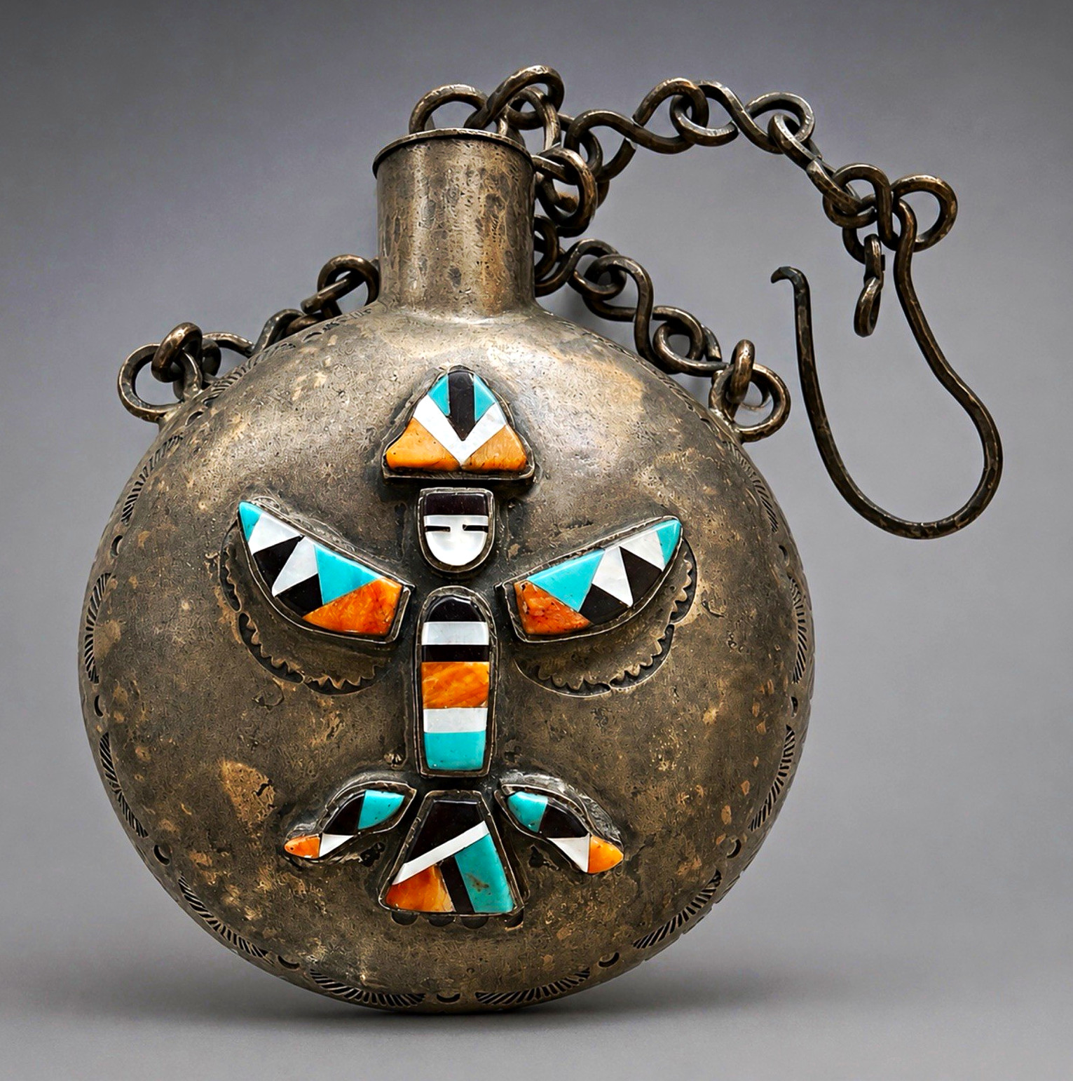 Native American Zuni Tobacco Canteen with Knife Wing Stone on Stone Inlay Large Native American Zuni Tobacco Canteen with Knife Wing Stone on Stone Inlay Large