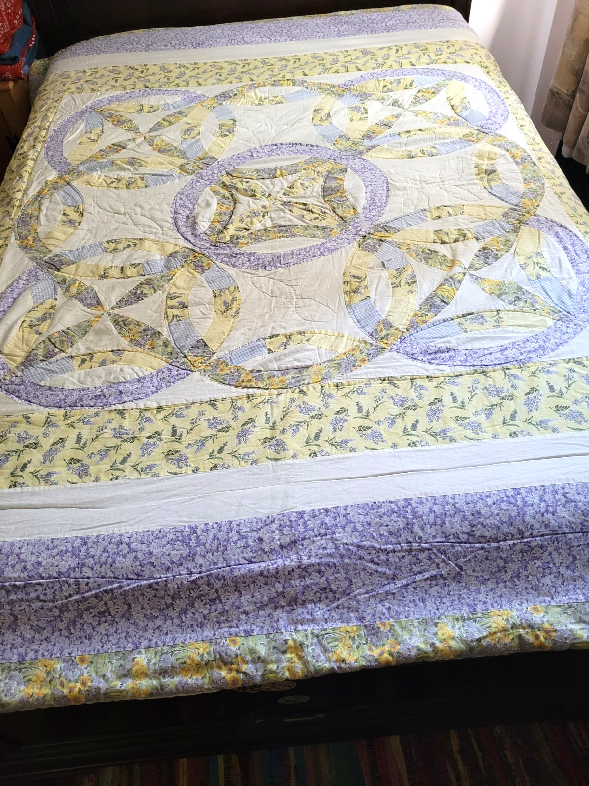 Vintage 1940-50’s Double Wedding Ring Yellow Quilt 83”x 82” Summer Handmade Vintage 1940-50’s Double Wedding Ring Yellow Quilt 83”x 82” Summer Handmade
