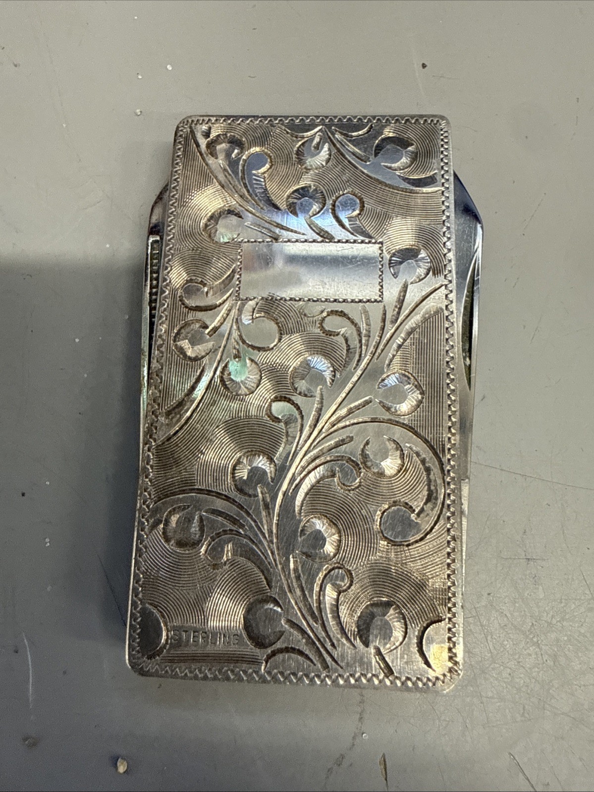 9/2 Vintage Sterling Engraved Money Clip pocket Knife Japan No Monogram Cowboy 9/2 Vintage Sterling Engraved Money Clip pocket Knife Japan No Monogram Cowboy