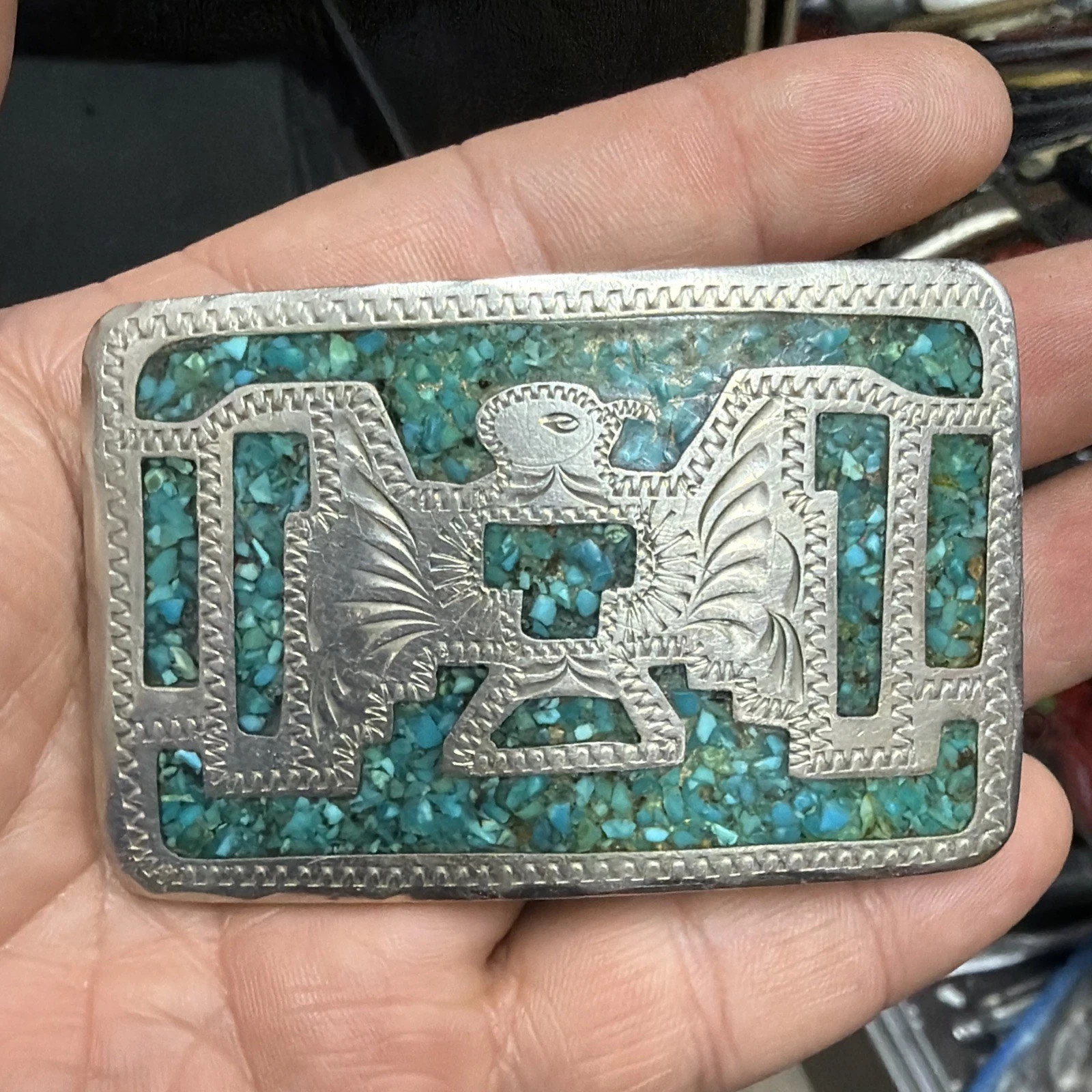 Vintage Rare Sterling Silver Inlay Turquoise Signed “B” Navajo Belt Buckle 71.6g