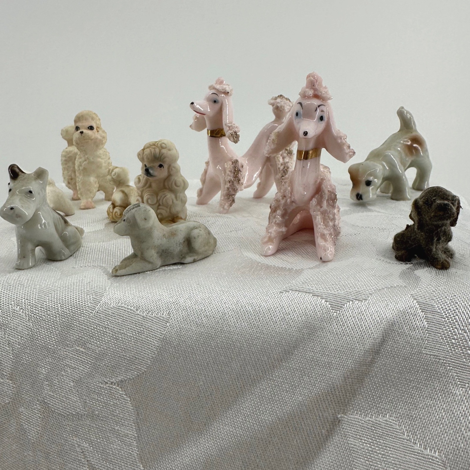 Vintage Miniature Dog Figurine Lot Pink Spaghetti Poodles Ceramic Porcelain MCM