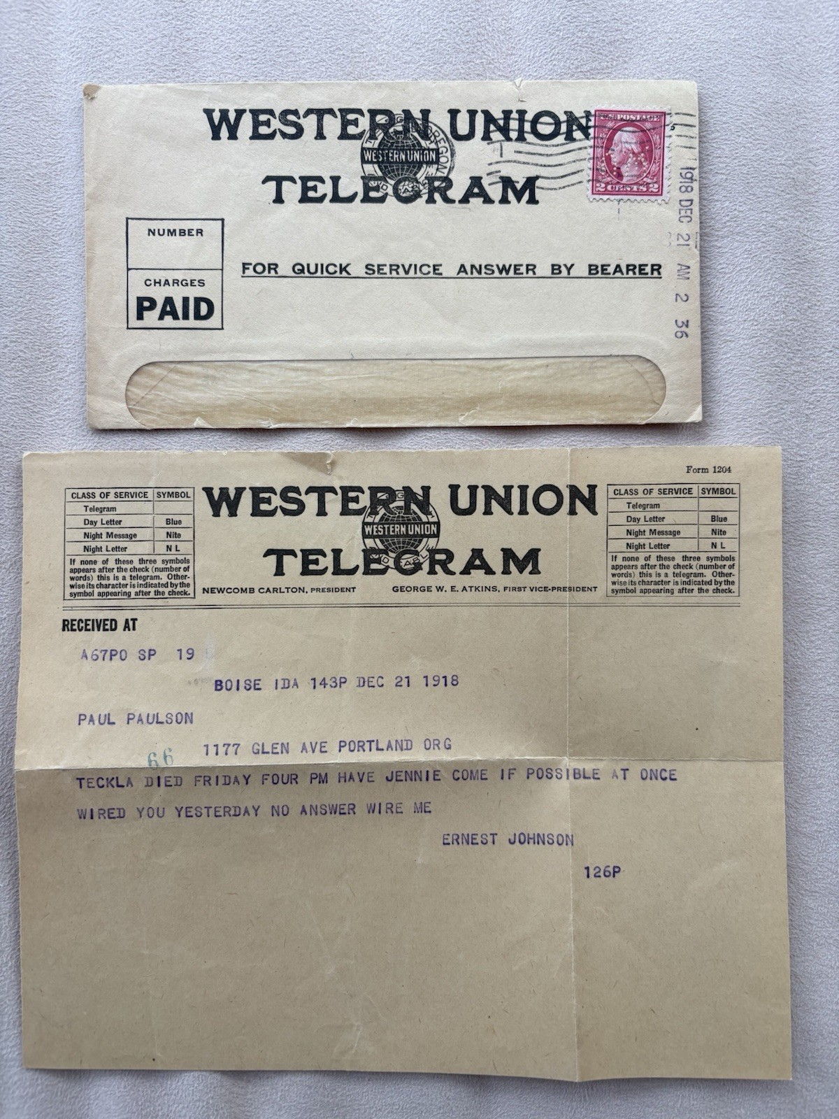 Antique 1918 WESTERN UNION TELEGRAM w/Envelope-Death Notice Boise, Idaho Antique 1918 WESTERN UNION TELEGRAM w/Envelope-Death Notice Boise, Idaho