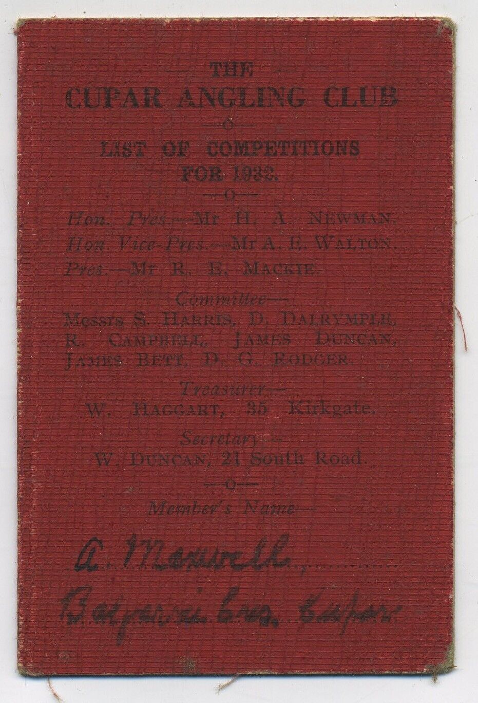 The Cupar Fife Angling Club 1932 Members Card Fixtures List C38