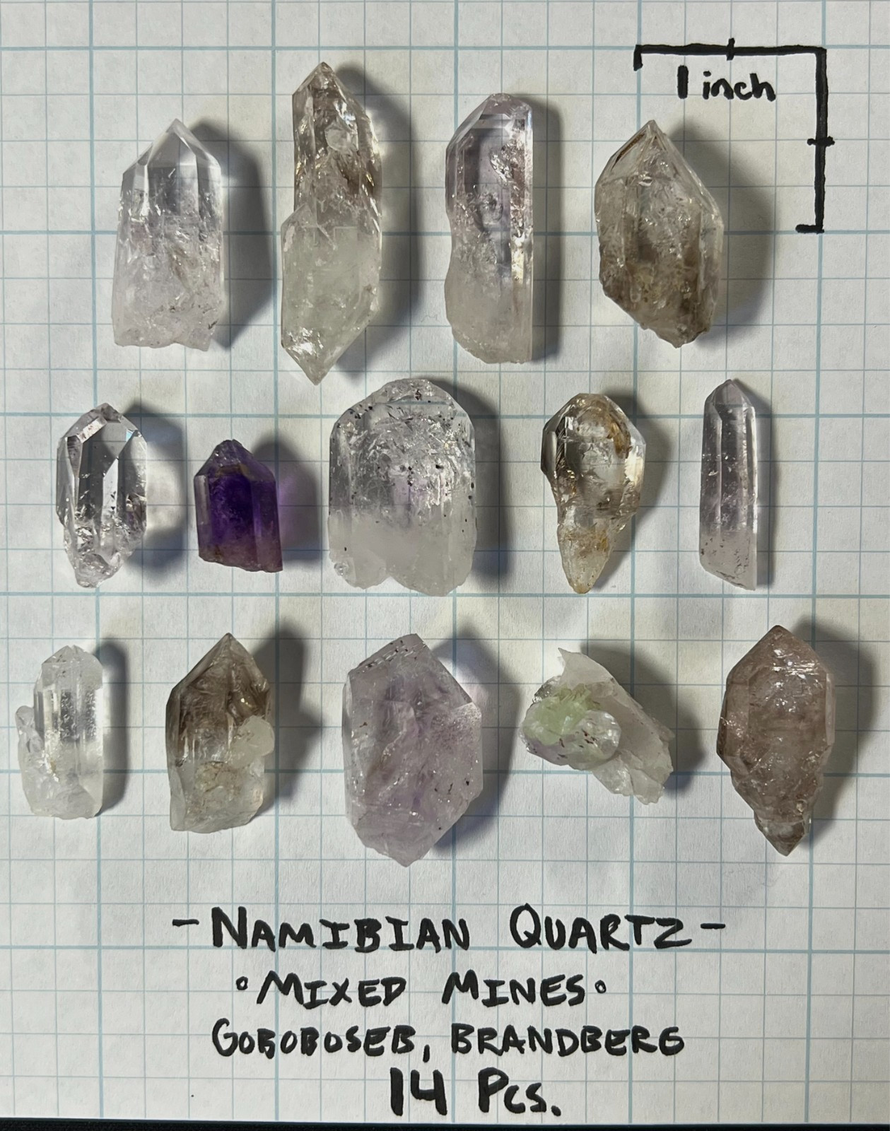 14 Pcs. Mixed Namibian Quartz Parcel - Brandberg, Goboboseb - Amethyst, Smoky 14 Pcs. Mixed Namibian Quartz Parcel - Brandberg, Goboboseb - Amethyst, Smoky