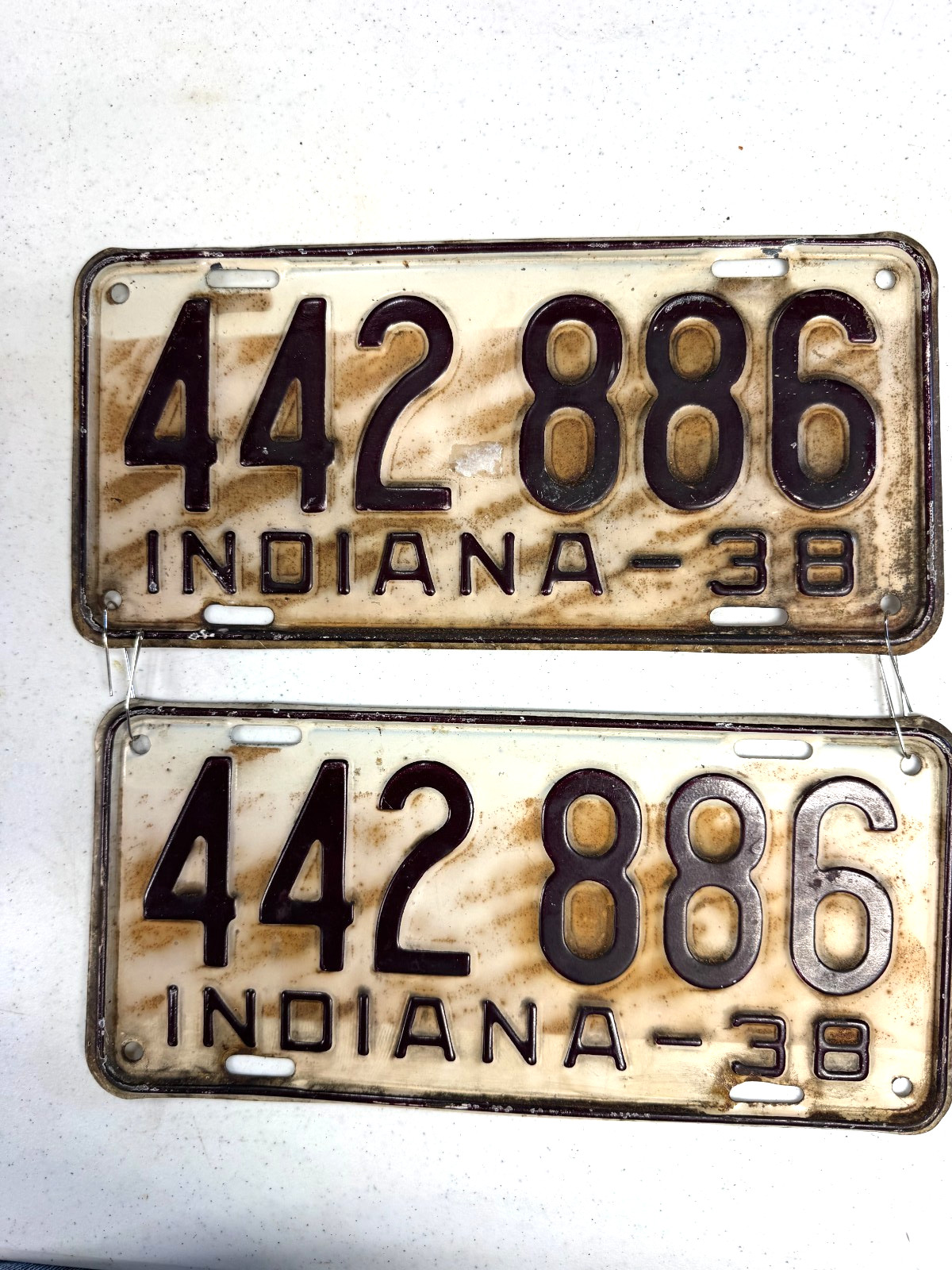 1938 Indiana license plate tag PAIR Set 442886 original paint