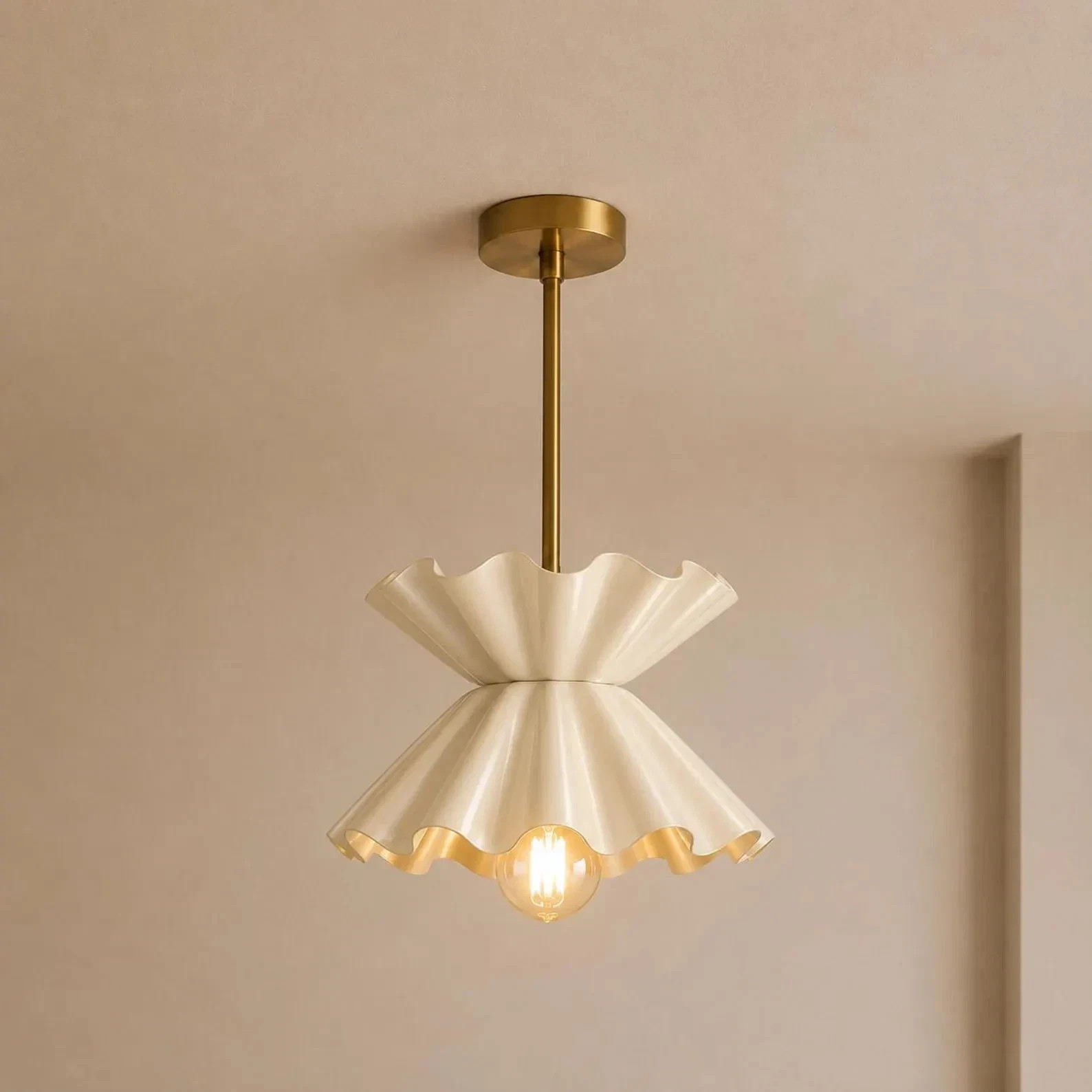 Vintage Brass Scalloped Pendant Light Mid Century Modern Ceiling Fixture Hanging