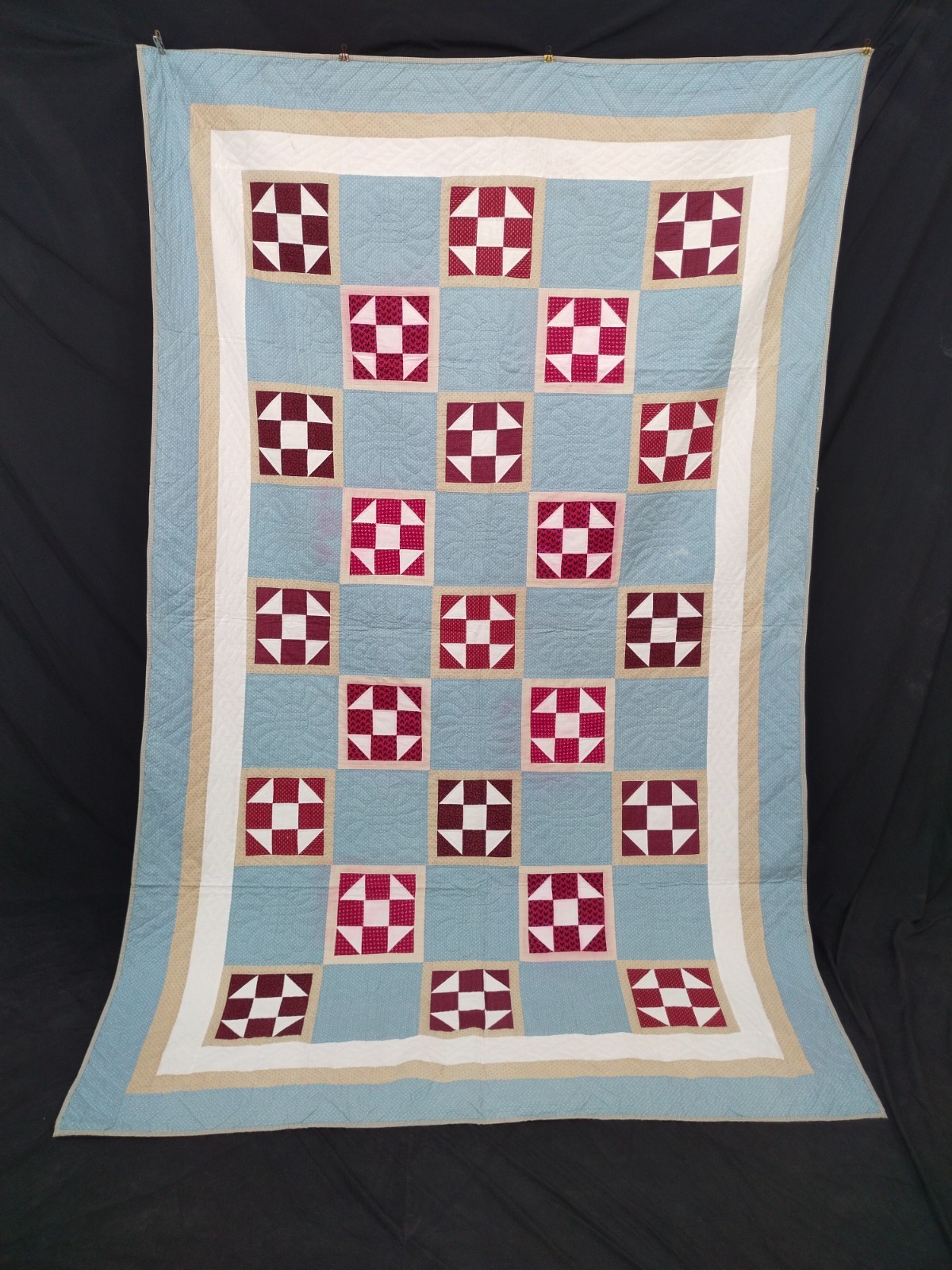 Vintage Handmade Quilt Blue Red Quilted needlework Patchwork Geometric 