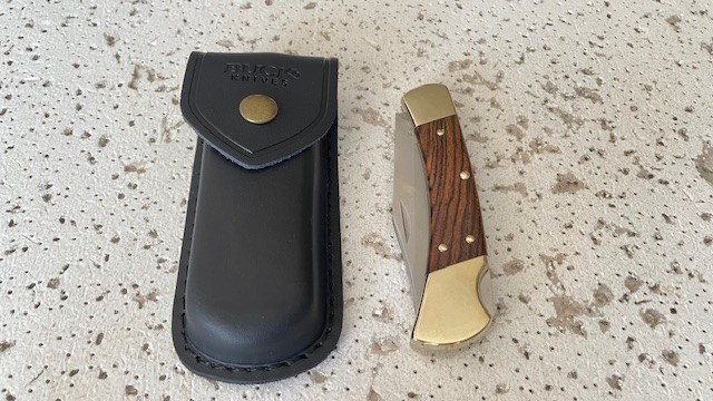 BUCK 110USA Lockback Plain Blade Hunting Pocket Knife Ebony Wood Handle W/Leathe