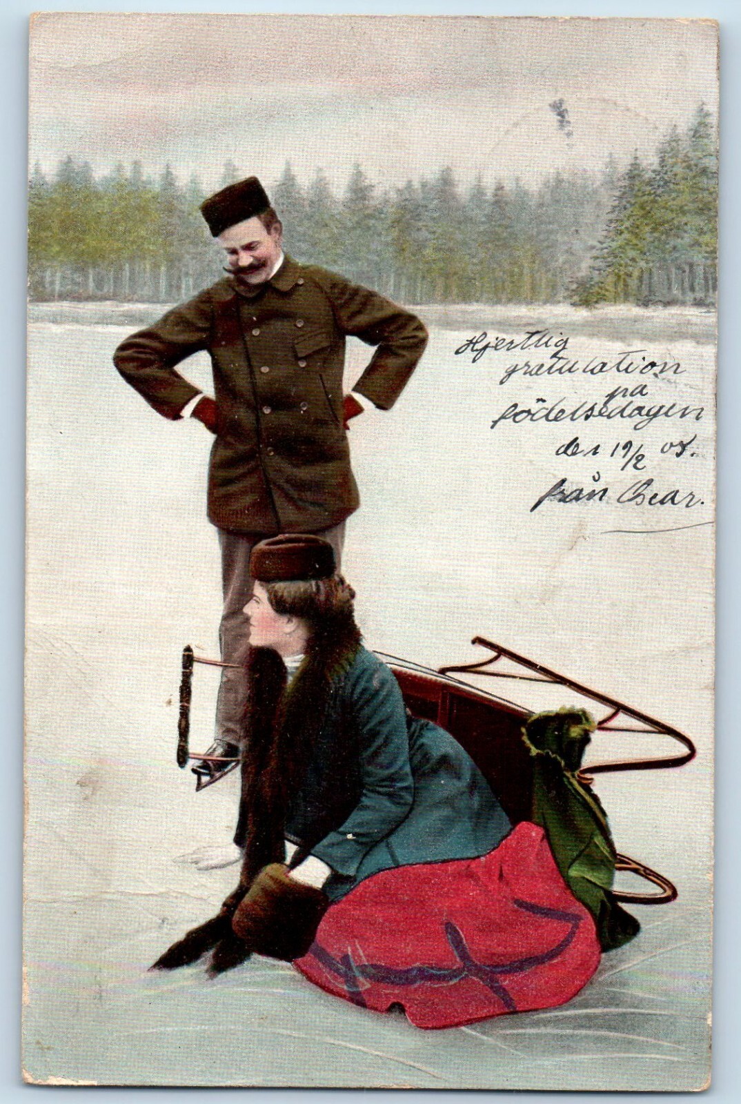 Woman Fell Off Postcard Sledding On Winter Scene 1905 Posted Antique Woman Fell Off Postcard Sledding On Winter Scene 1905 Posted Antique