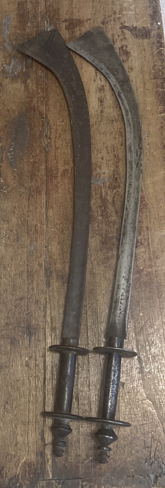 Pair Antique 19thC Nepalese Kora Swords Matched Set Gurkha Battle Axe Fighting