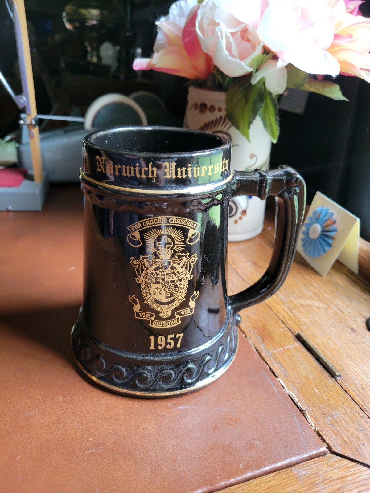Vintage 1957 Norwich University Ceramic Beer Stein Mug Black Gold Crest