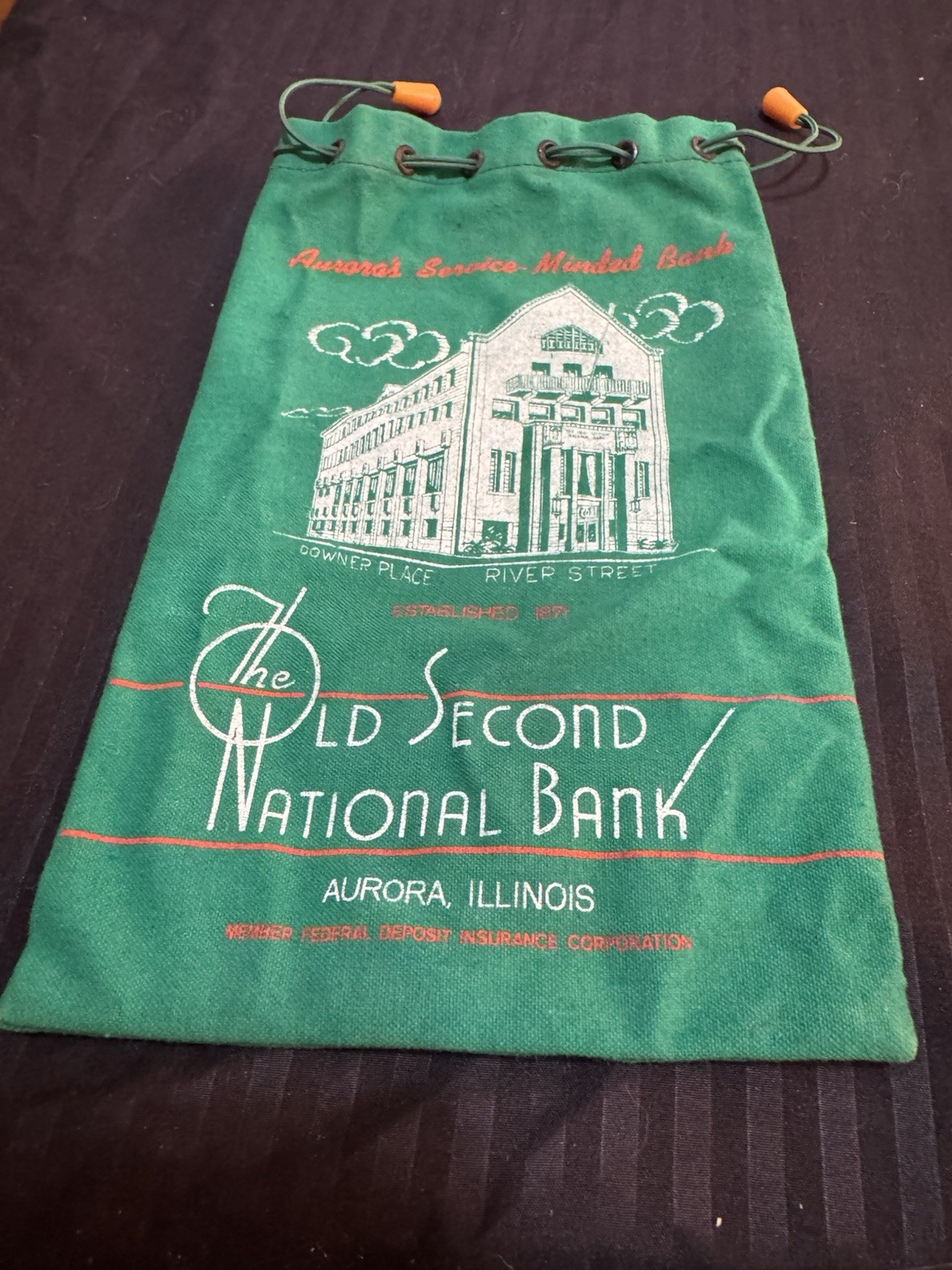 Vintage The Old Second National Bank Aurora, Illinois Drawstring Deposit Bag  Vintage The Old Second National Bank Aurora, Illinois Drawstring Deposit Bag 