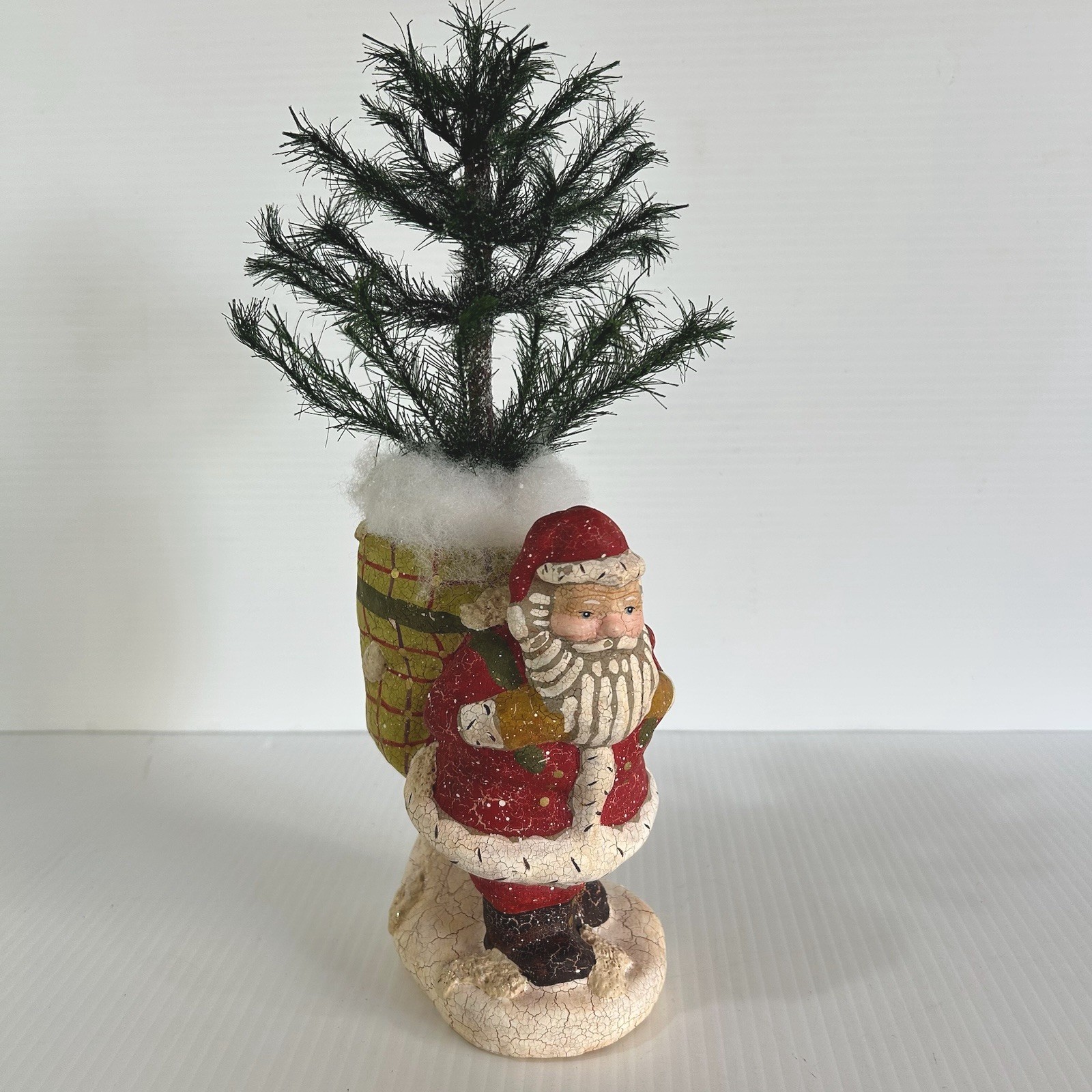 VTG Midwest Cannon Falls Santa Figurine w/ Feather Tree Bag Crackle Finish 12