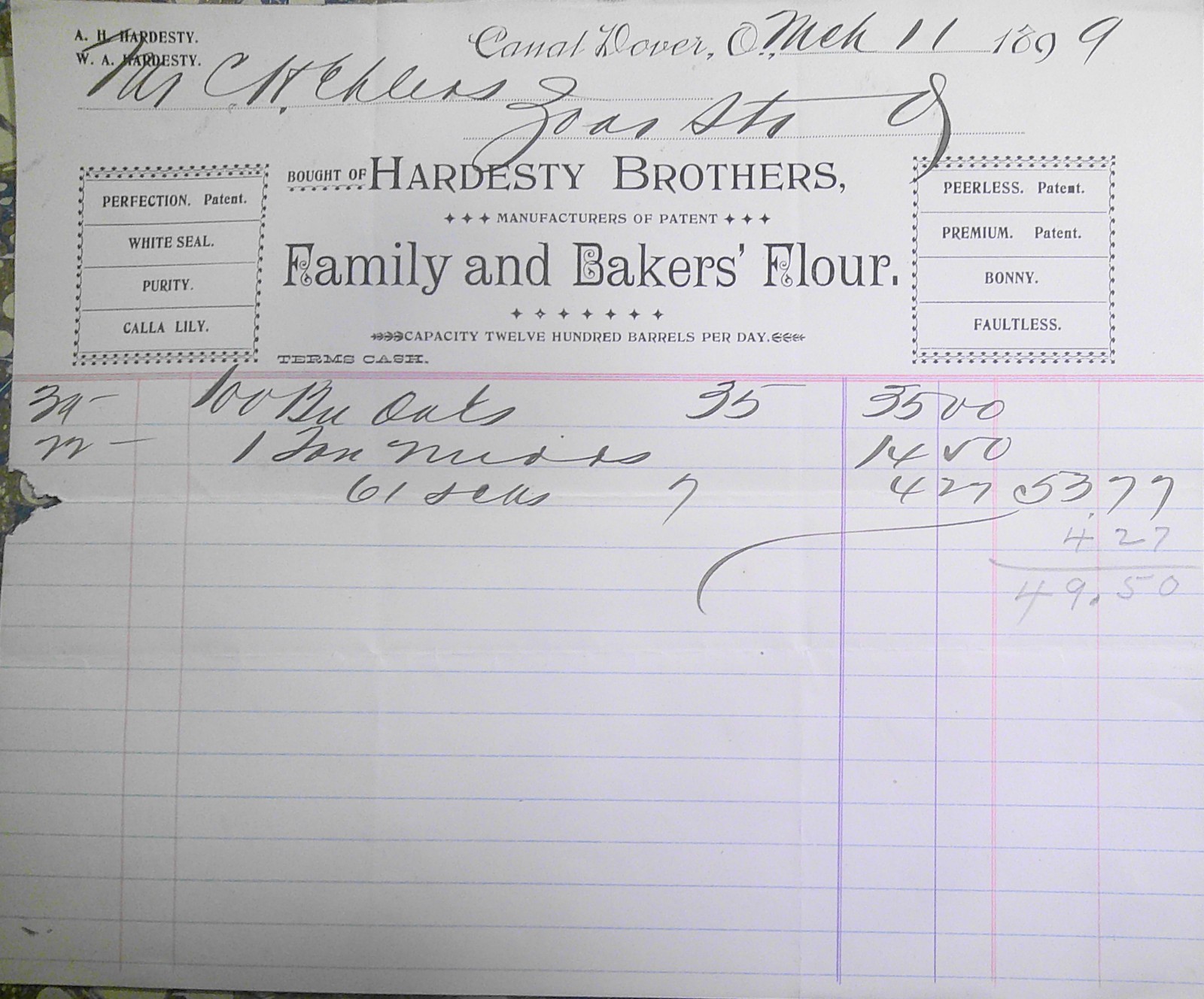 1899 Hardesty Brothers, Canal Dover Ohio Receipt to Charles Ehlers, Zoar Society