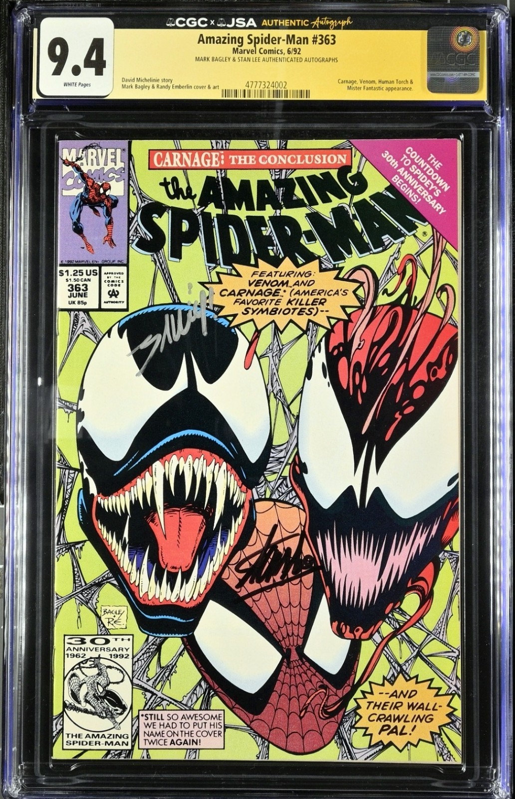 🔴 Amazing Spider-Man #363 | Signed By Stan Lee & Mark Bagley | CGC 9.4 White