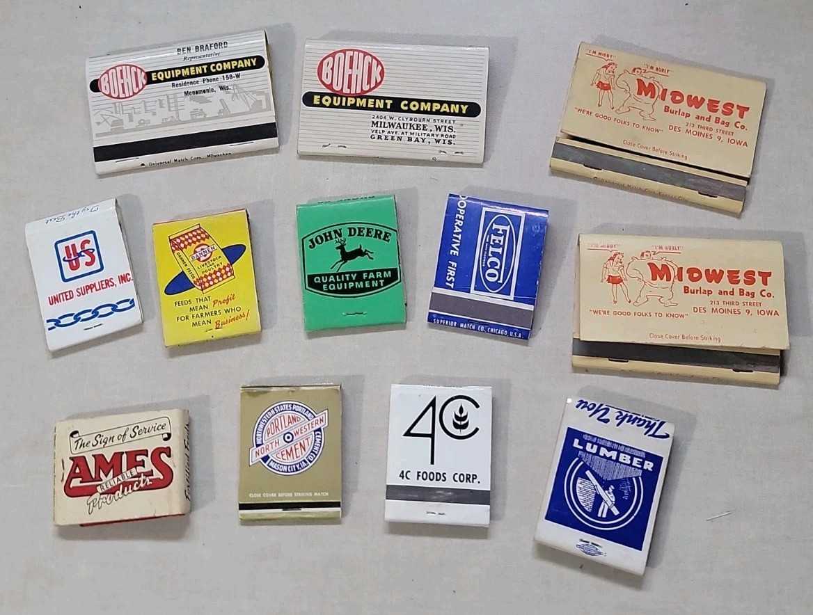 12 VTG Matchbooks Ames Feed Dannen John Deere Felco Midwest Burlap Advertising 12 VTG Matchbooks Ames Feed Dannen John Deere Felco Midwest Burlap Advertising